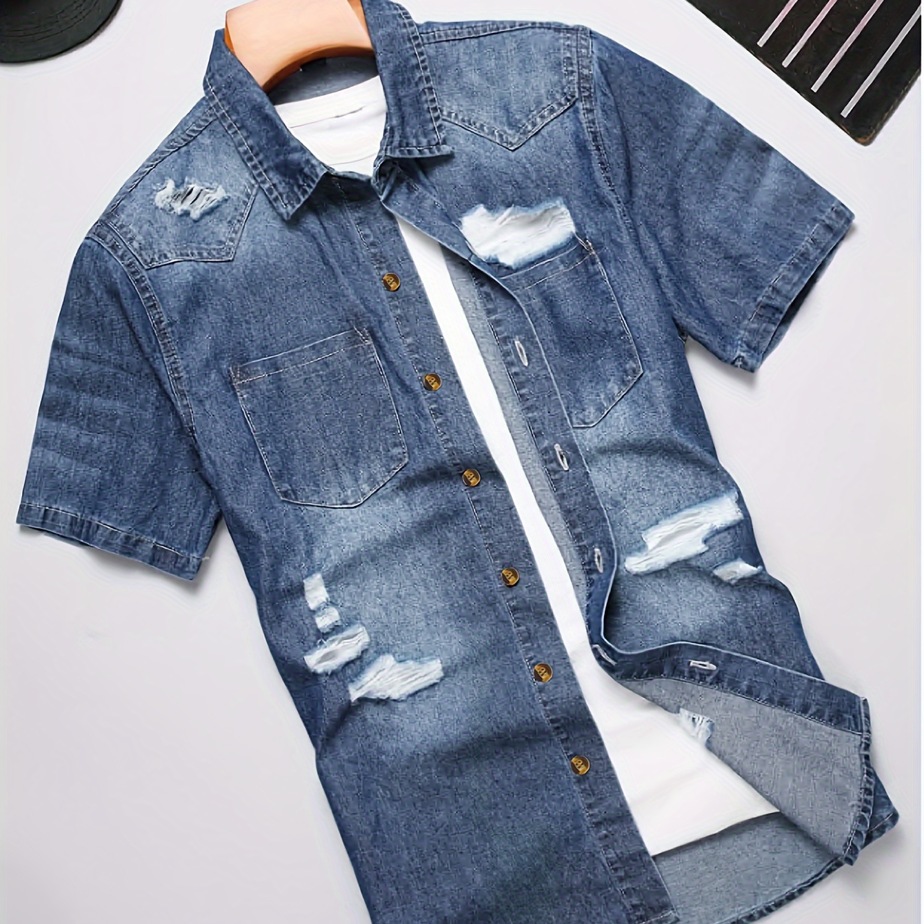 

Men's Solid Ripped Denim Shirt For Summer, Casual Stylish Short Sleeve Shirt For Male