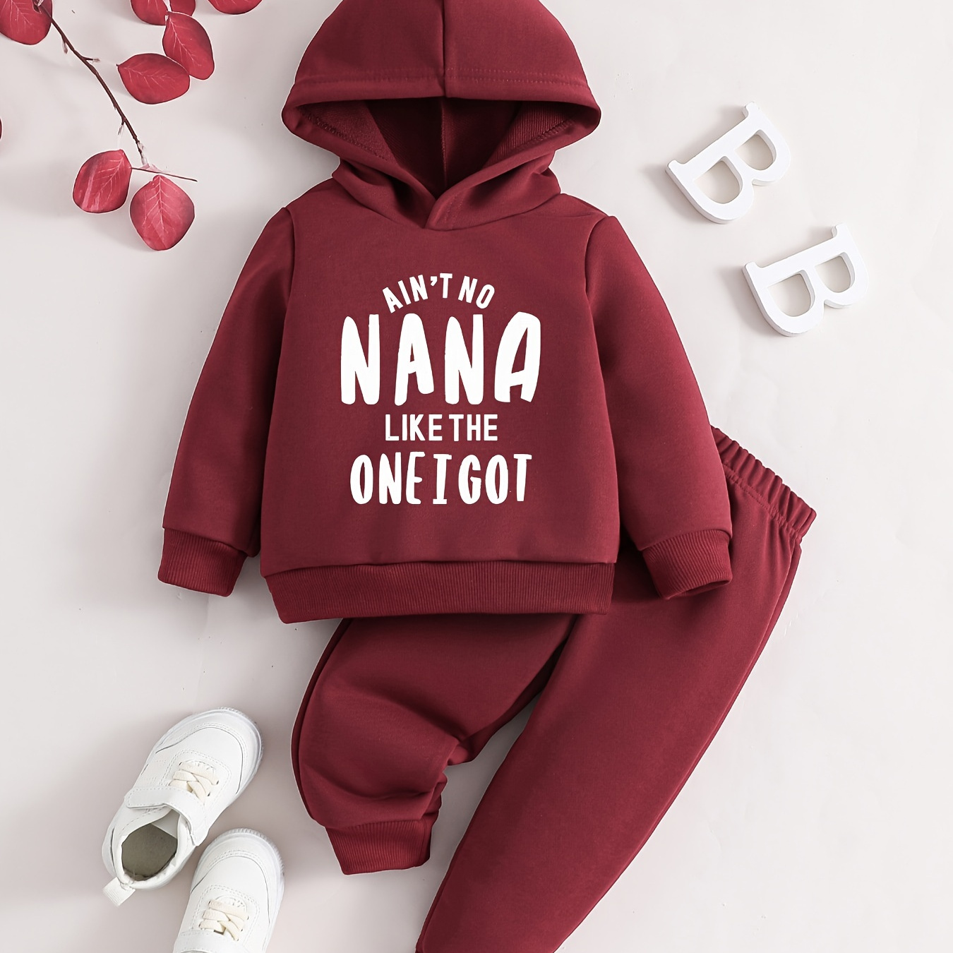 

2pcs Boy's "ain't No Nana Like The 1 I Got" Print Hooded Outfit, Warm Fleece Hoodie & Pants Set, Kid's Clothes For Fall Winter, As Gift