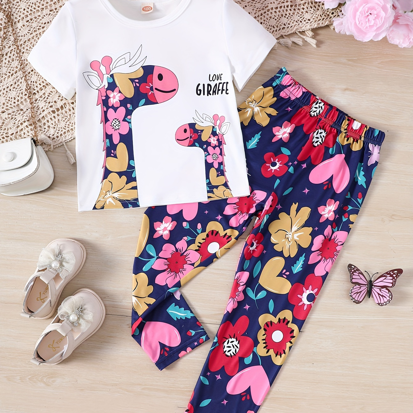 

Ensemble T-shirt à manches courtes et pantalon à fleurs pour filles, 2 pièces, T-shirt à manches courtes avec image de girafe de dessin animé, cadeau d'été en plein air