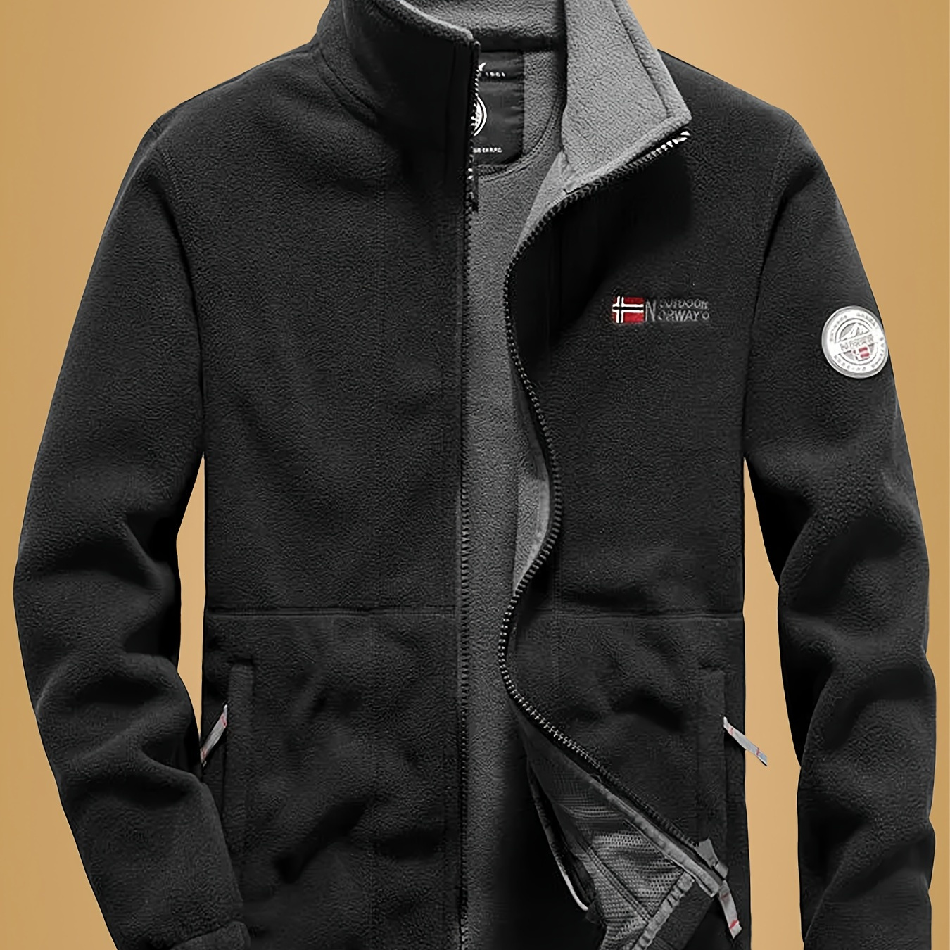 men's lightweight fleece jacket stand collar pockets letter