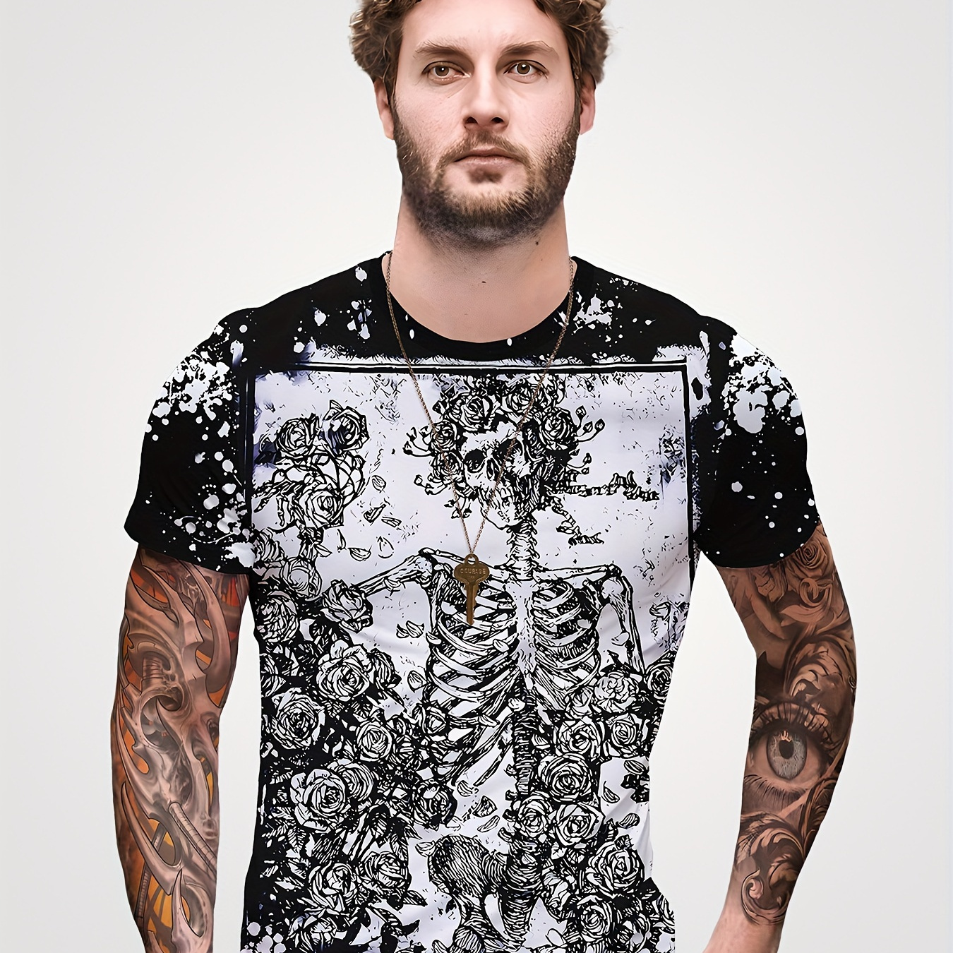 

Halloween Skeleton Pattern T-shirt, Men's Casual Street Style Stretch Round Neck Tee Shirt For Summer