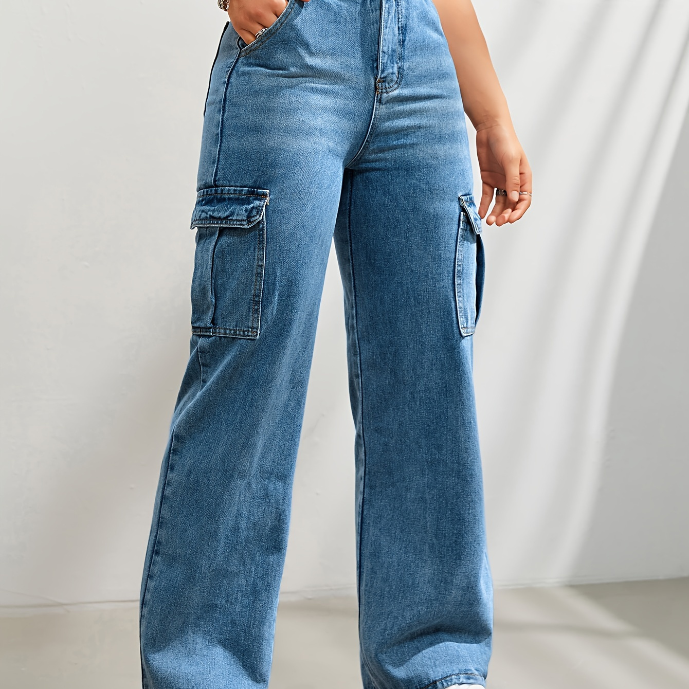 

Women's Fashion Multi-pocket Cargo Denim Jeans, Casual Style, Wide Leg Pants, High Waist Design Streetwear Essentials