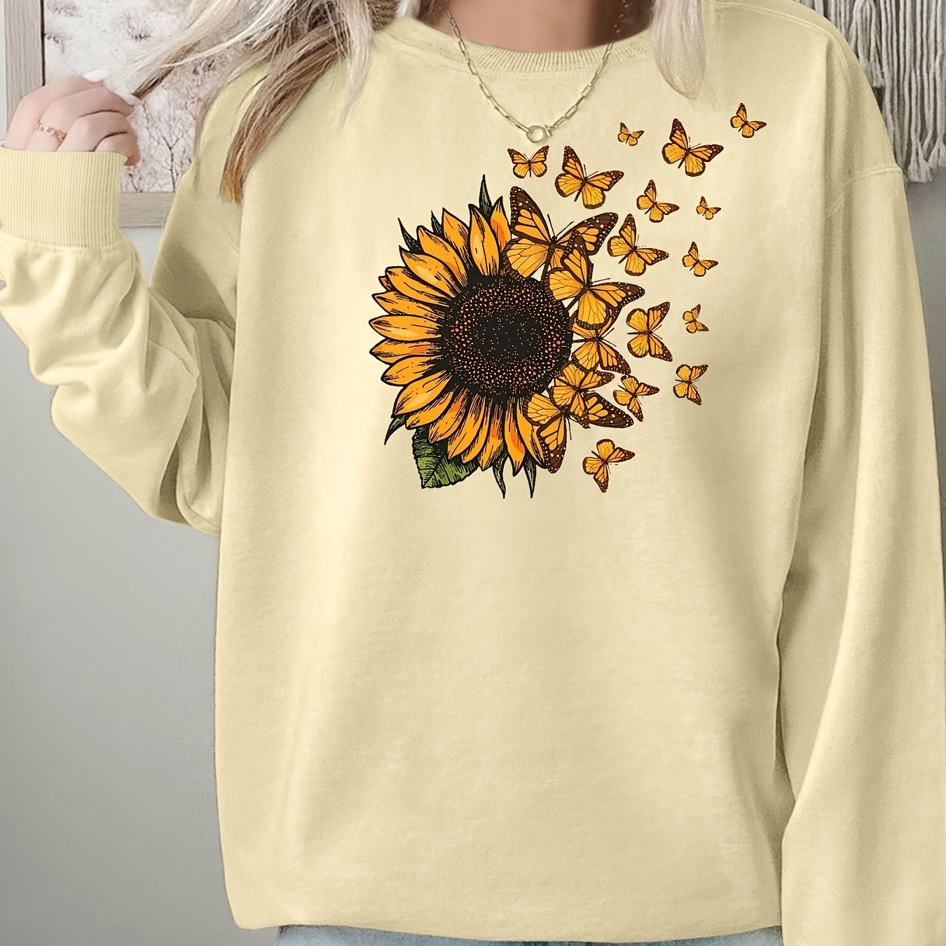 

Sunflower & Butterfly Print Sweatshirt, Casual Long Sleeve Crew Neck Drop Shoulder Pullover Sweatshirt For Fall, Women's Clothing