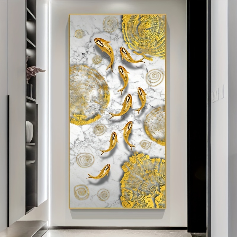 TEMU 1pc Frameless Chinese Style Koi Lucky Carp Canvas Painting Fish Goldfish Poster Entrance Home Decor Picture Cuadros Annual Ring Wall Art, No Frame