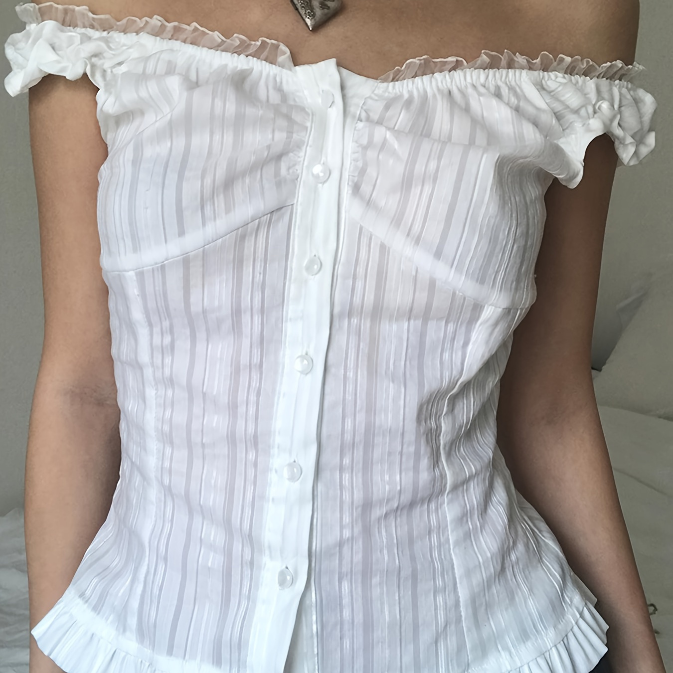 

Lace Trim Off Shoulder Button Front Blouse, Sweet Ruffle Hem Top For Spring & Summer, Women's Clothing
