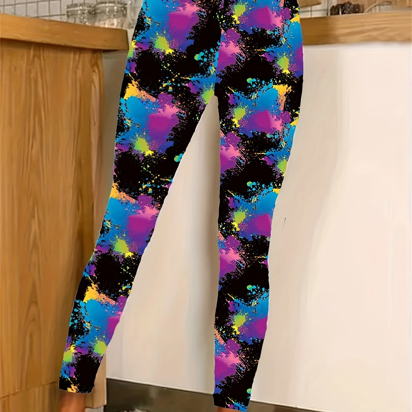 

Plus Size Colorful Print Skinny Leggings, Casual Every Day Stretchy Leggings, Women's Plus Size Clothing