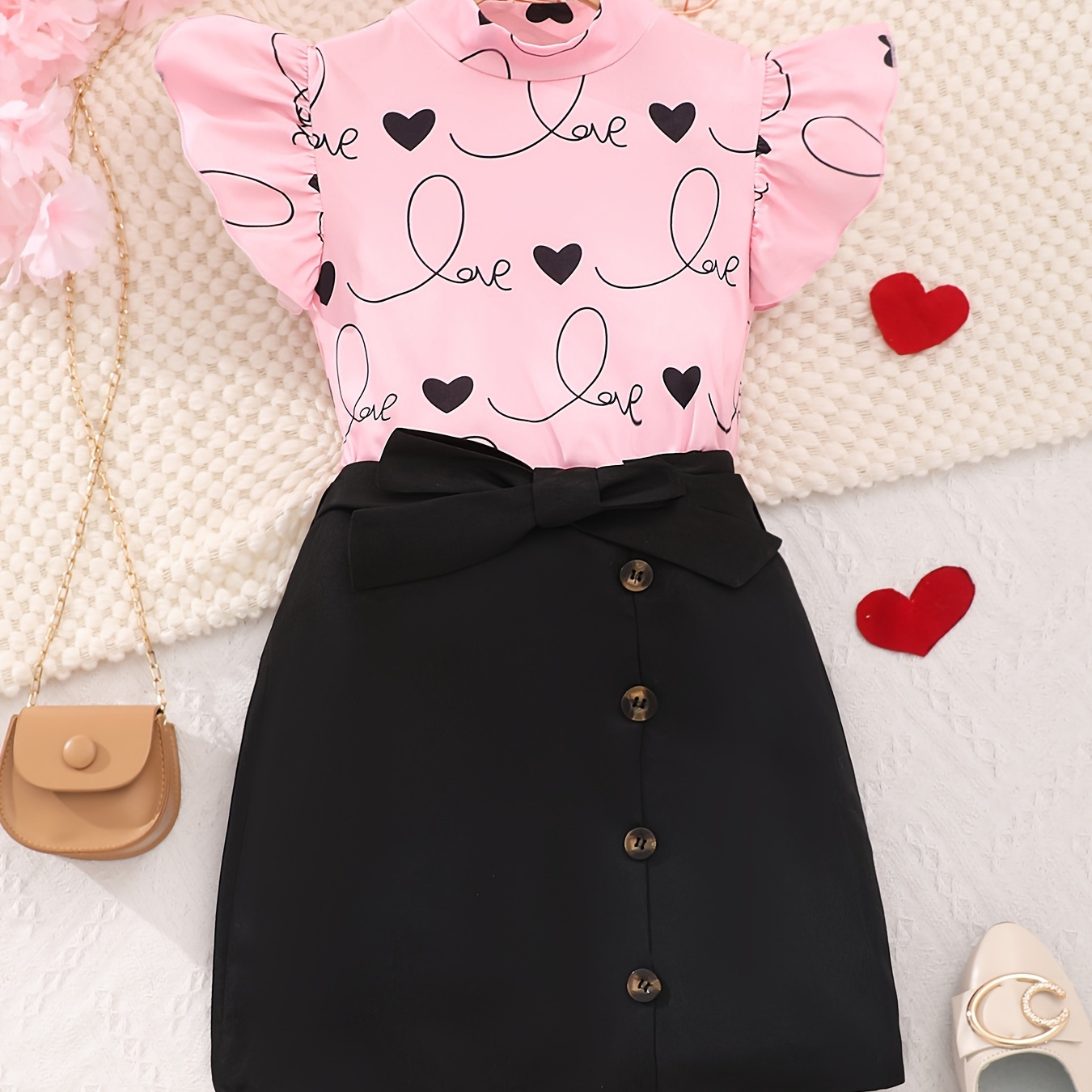 

Girl's Elegant 2pcs Flutter Sleeve Top + Asymmetric Button Skirt Set, Summer Outfit Party Gift