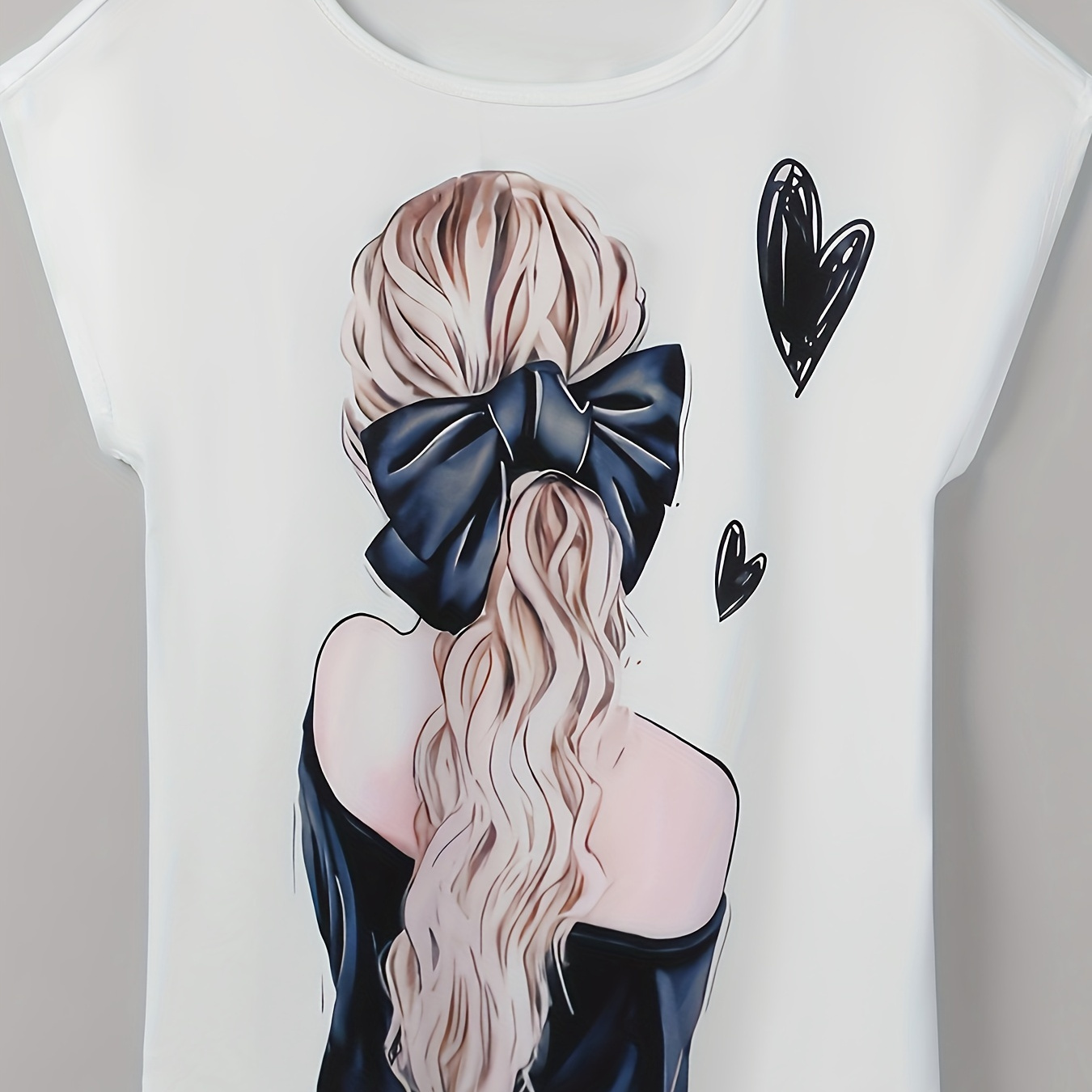 

Girl & Heart Print Crew Neck Top, Versatile Cap Sleeve Top For Spring & Summer, Women's Clothing