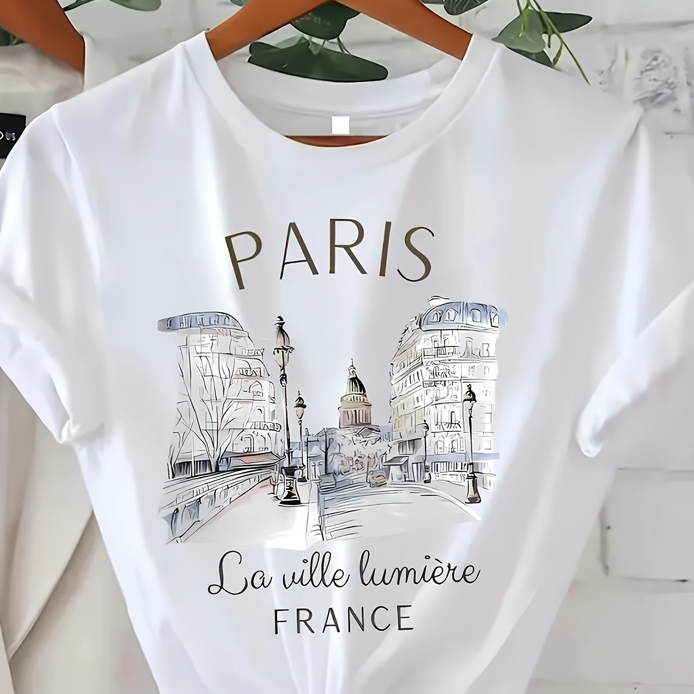 

Paris Print T-shirt, Short Sleeve Crew Neck Casual Top For Summer & Spring, Women's Clothing