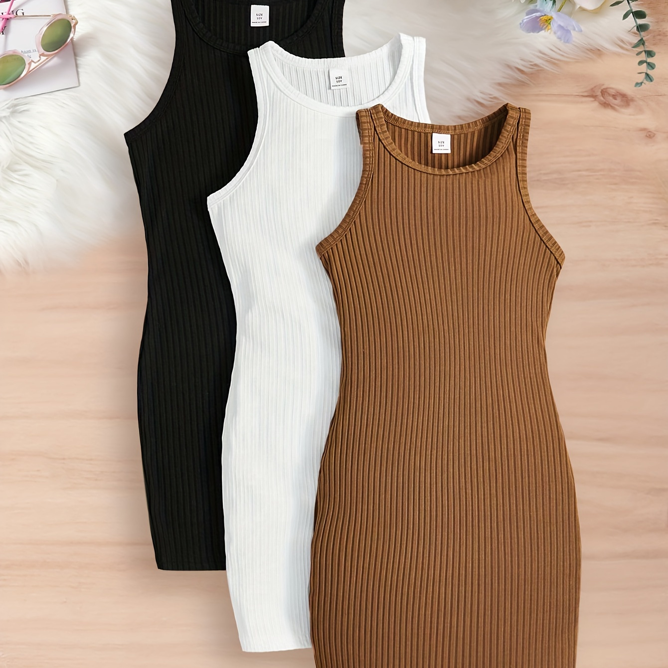 

Girl's 3pcs Basic Sleeveless Dresses Set Slim Fit Casual Tank Dresses, Summer Gift