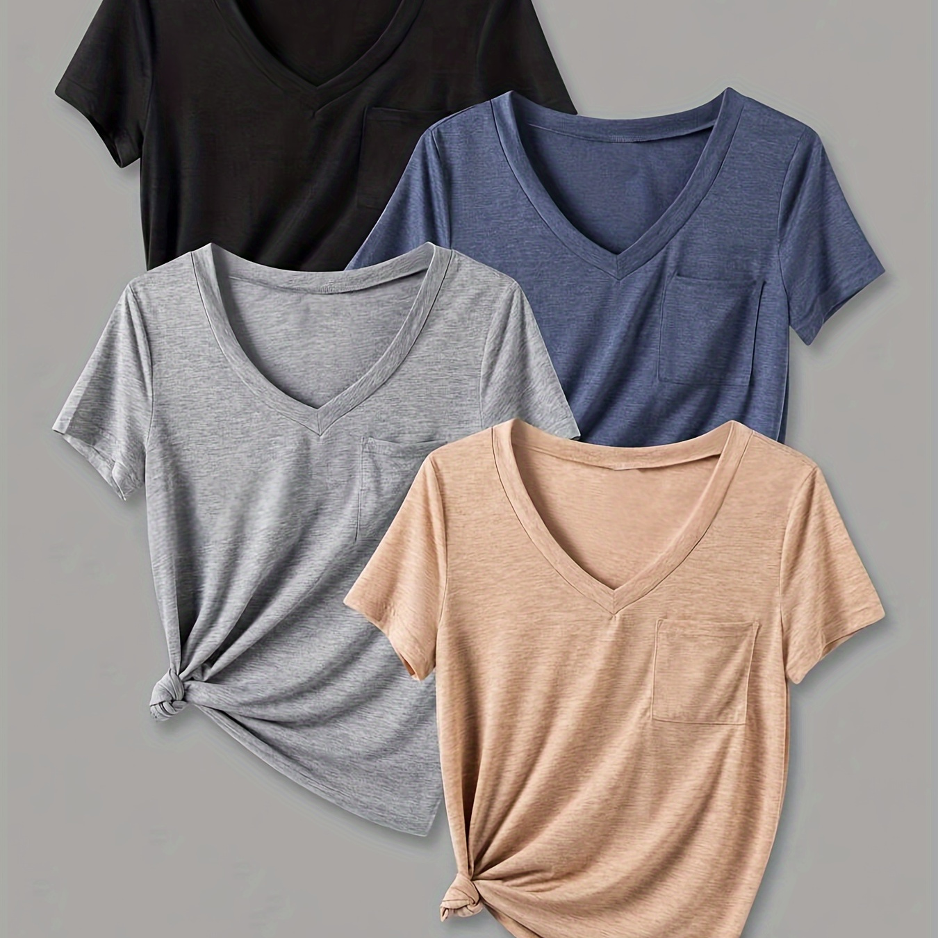 

4pcs Solid Color Pocket T-shirt, Short Sleeve V-neck Casual Top For Summer & Spring, Women's Clothing