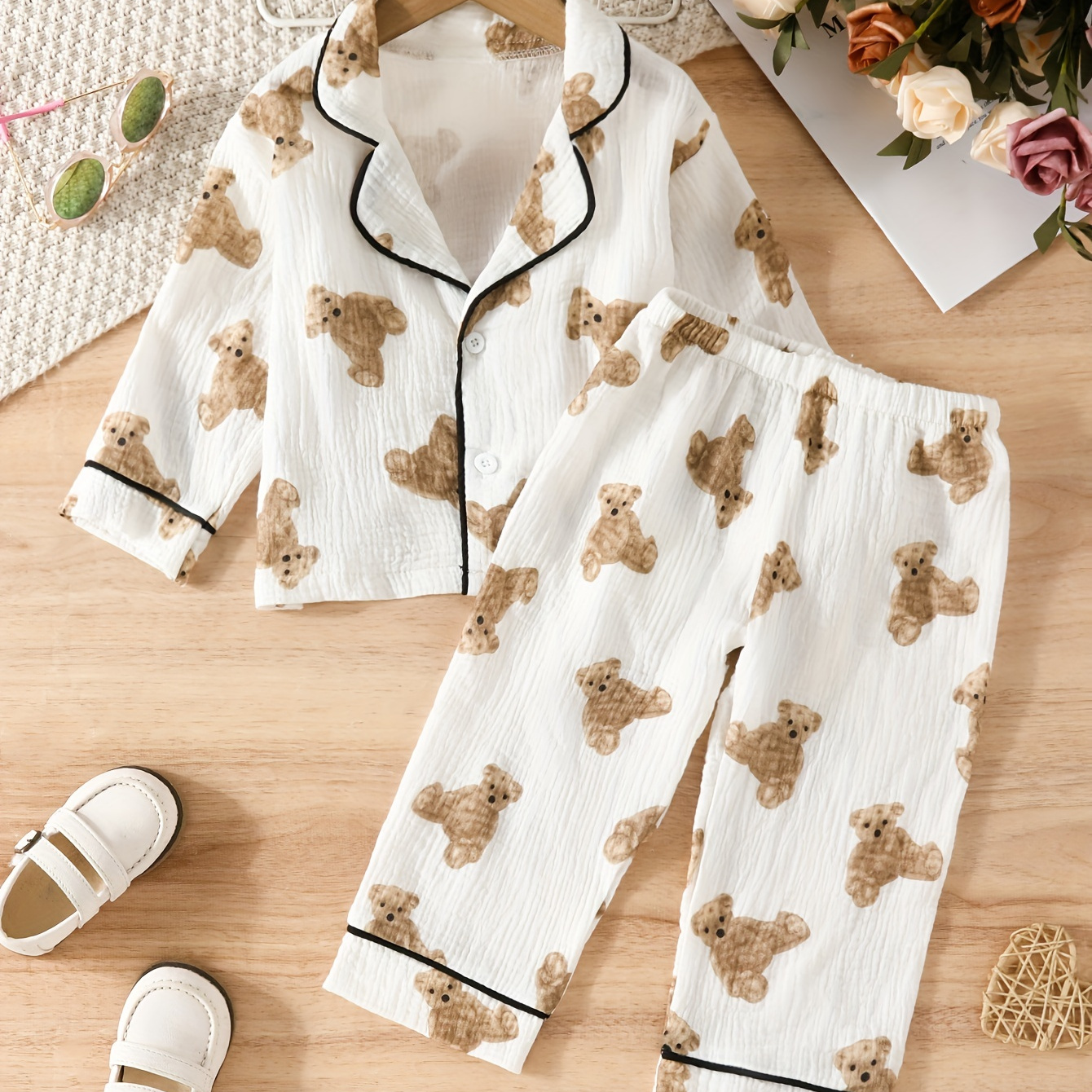 

Toddlers Kids Cute Pajamas Set 100% Cotton Soft Full Cartoon Bear Pattern Long Sleeve Top 2-piece Thin Button Lounge Sets For All Seasons