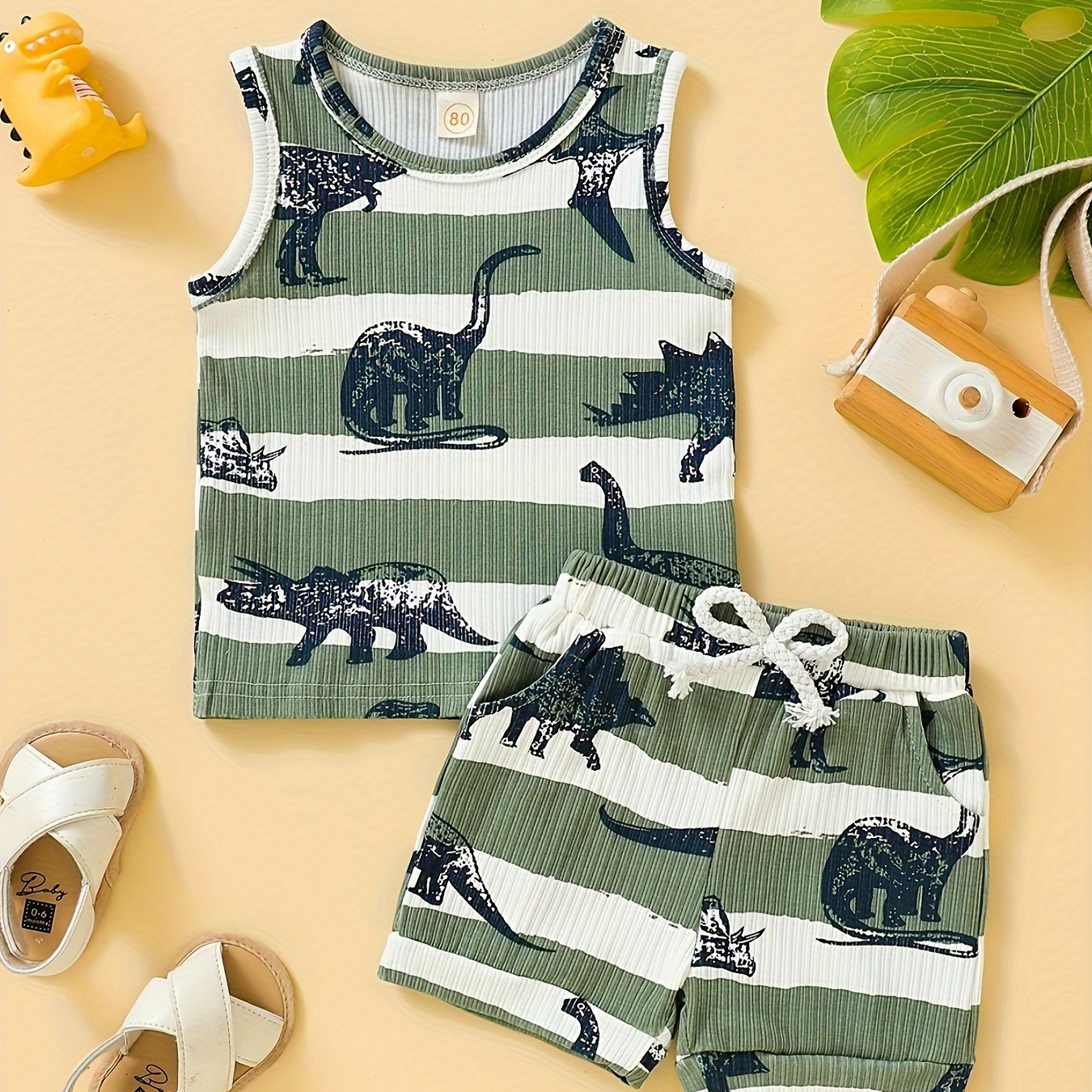 

Boys' Dinosaur-themed Cotton Tank Top & Shorts Set - Olive Green And White, Striped With Cartoon Dinosaur Patterns, Machine Washable, Summer, Dinosaur Toys, Outdoor