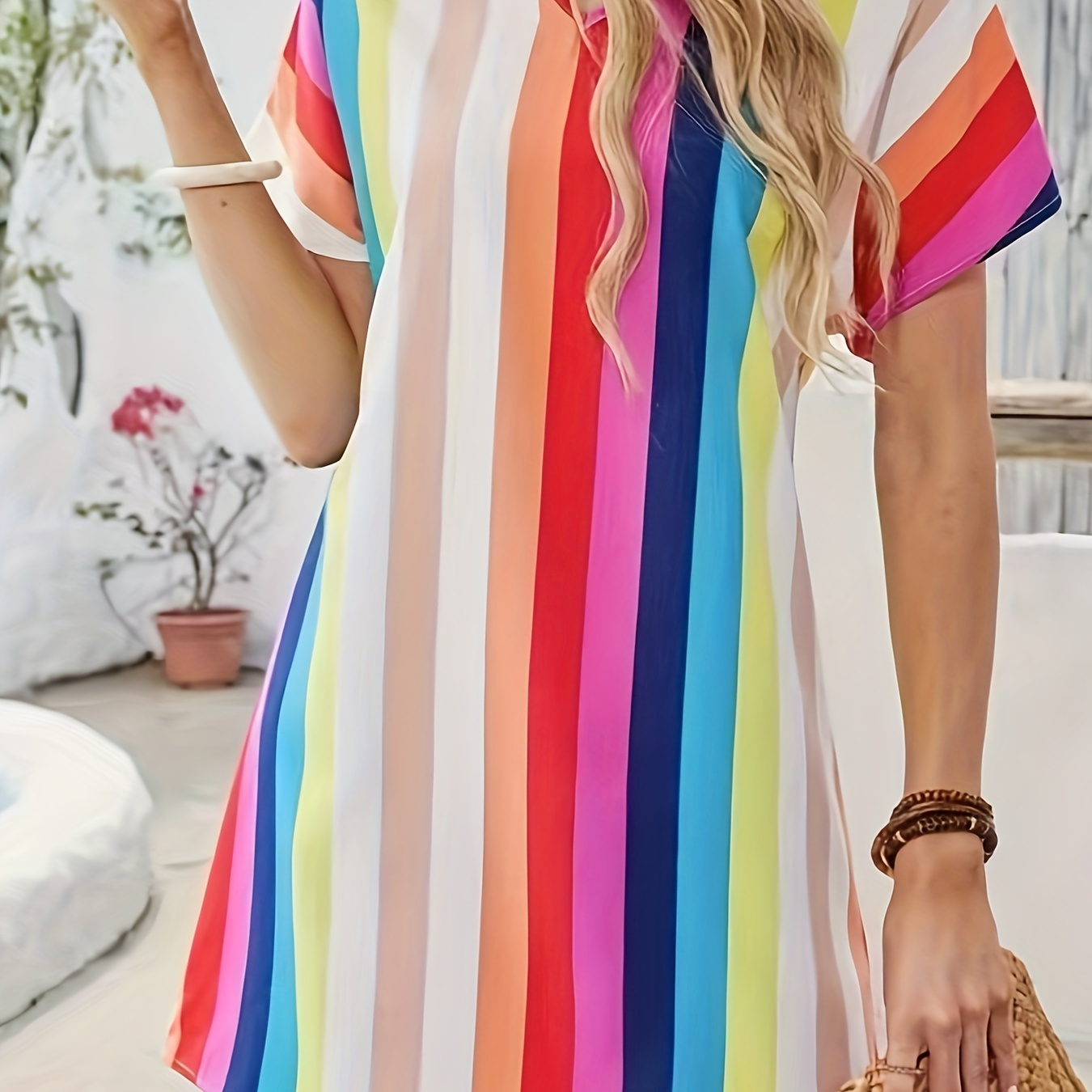 

Robe À Encolure En V À Rayures Arc-en-ciel, Élégante Robe À Manches Courtes Pour Le Printemps Et L'été, Vêtements Pour Femmes