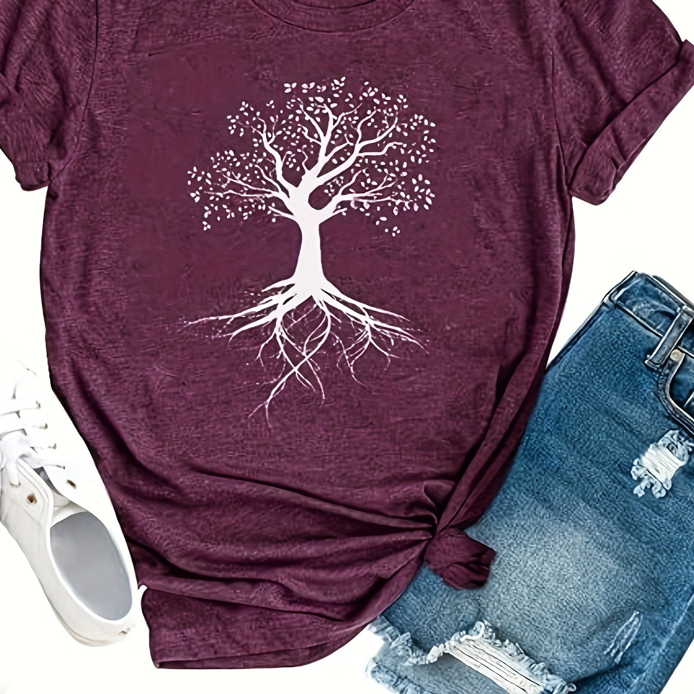 

Tree Print Crew Neck T-shirt, Casual Short Sleeve T-shirt For Spring & Summer, Women's Clothing