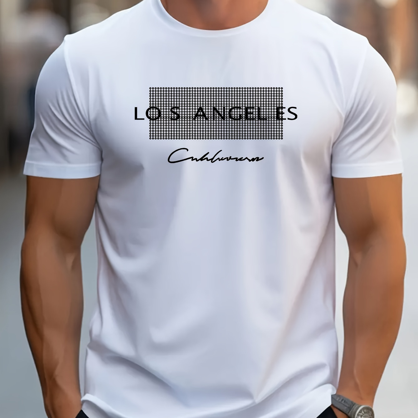 

Los Angeles Graphic Men's Short Sleeve T-shirt, Comfy Stretchy Trendy Tees For Summer, Casual Daily Style Fashion Clothing, As Gifts