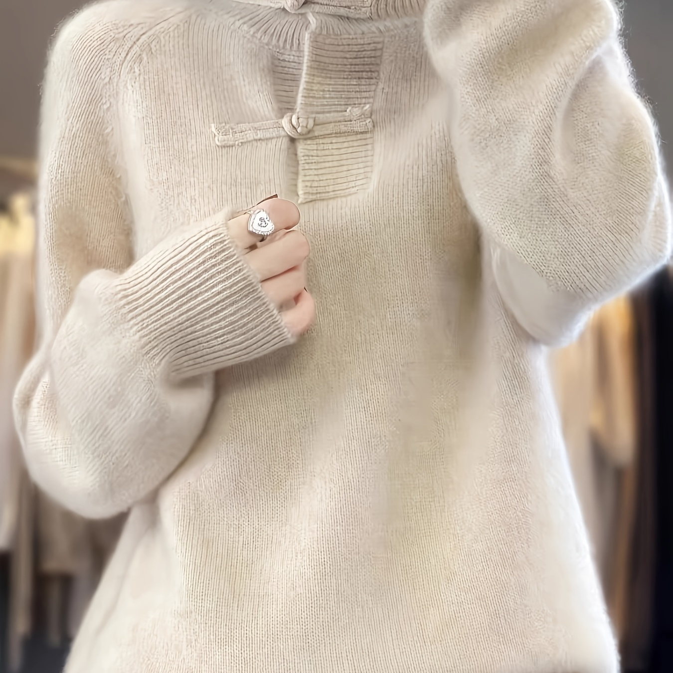 

Acrylic High-neck Sweater With Chinese Knotted Buttons - Casual Long Sleeve Knitted Top For Women, Autumn/winter Collection, Solid Color, Ribbed Detail, Regular Fit