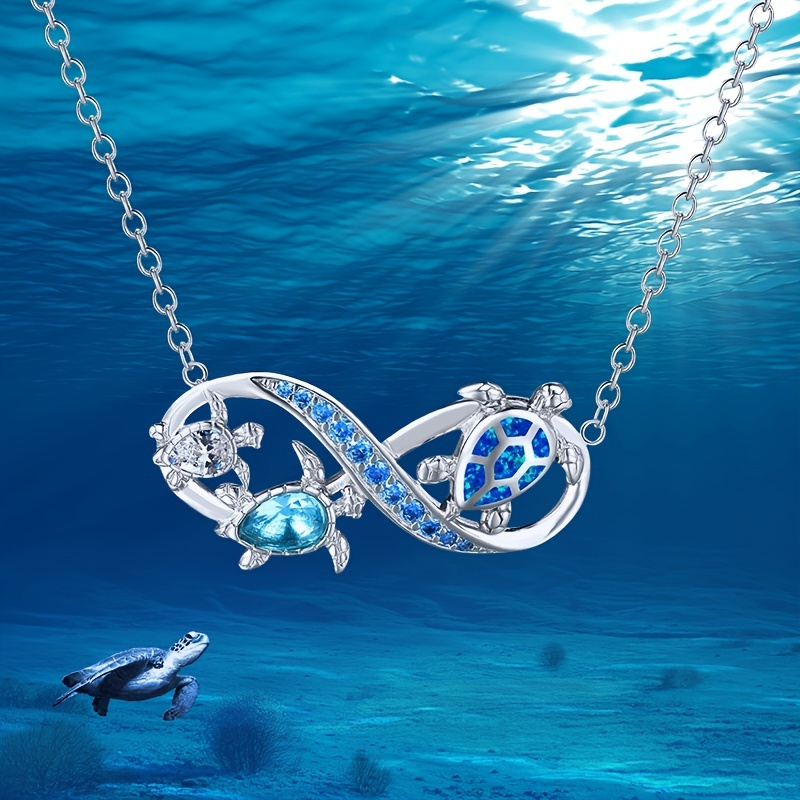 

Ocean Style Blue Color Opal 3 Turtle Infinity Symbol Pendant Necklace Valentine's Day Party Holiday Gift