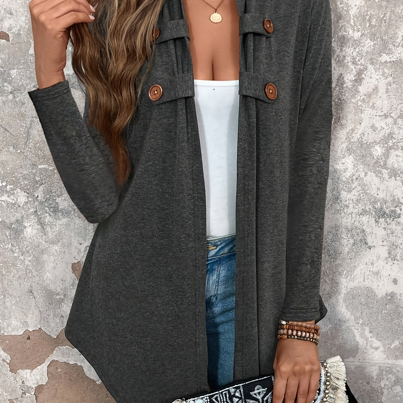 

Elegant Solid Color Knit Cardigan With Button Detail - Long Sleeve, Open Front, Machine Washable - Fall/winter