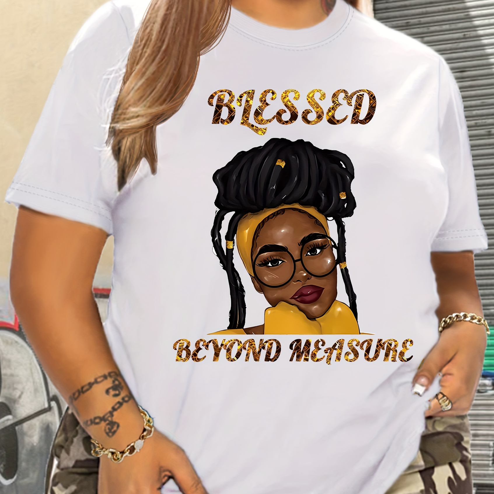 

Women's Casual Sports T-shirt Top, Plus Size Blessed Cartoon Portait Print Stretchy Round Neck Breathable Fabric Short Sleeve Fitness Tee Top