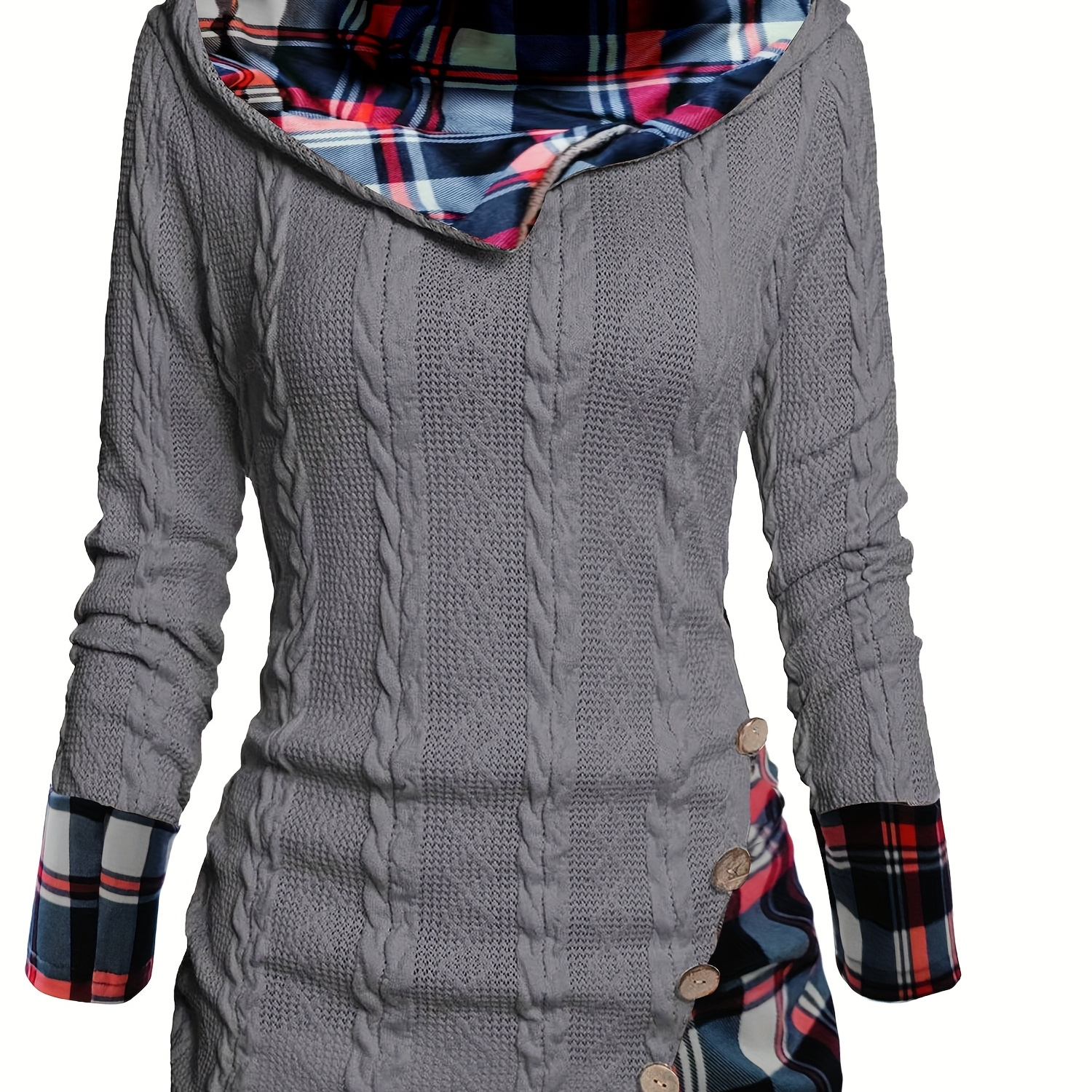 

Elegant Women's Panel Hooded Sweater With Button Detail - Long Sleeve, Knit Pullover For Winter