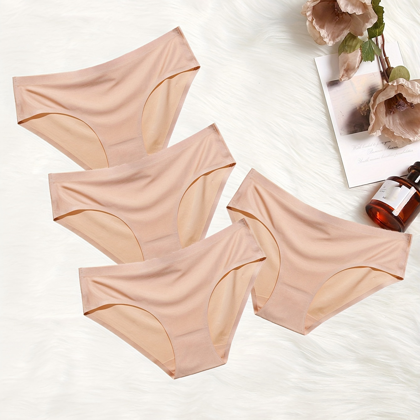 

4 Pcs Simple Panties, Plain Skin Tone Seamless Low-waist Stretchy Breathable Intimates Panties, Women's Lingerie & Underwear