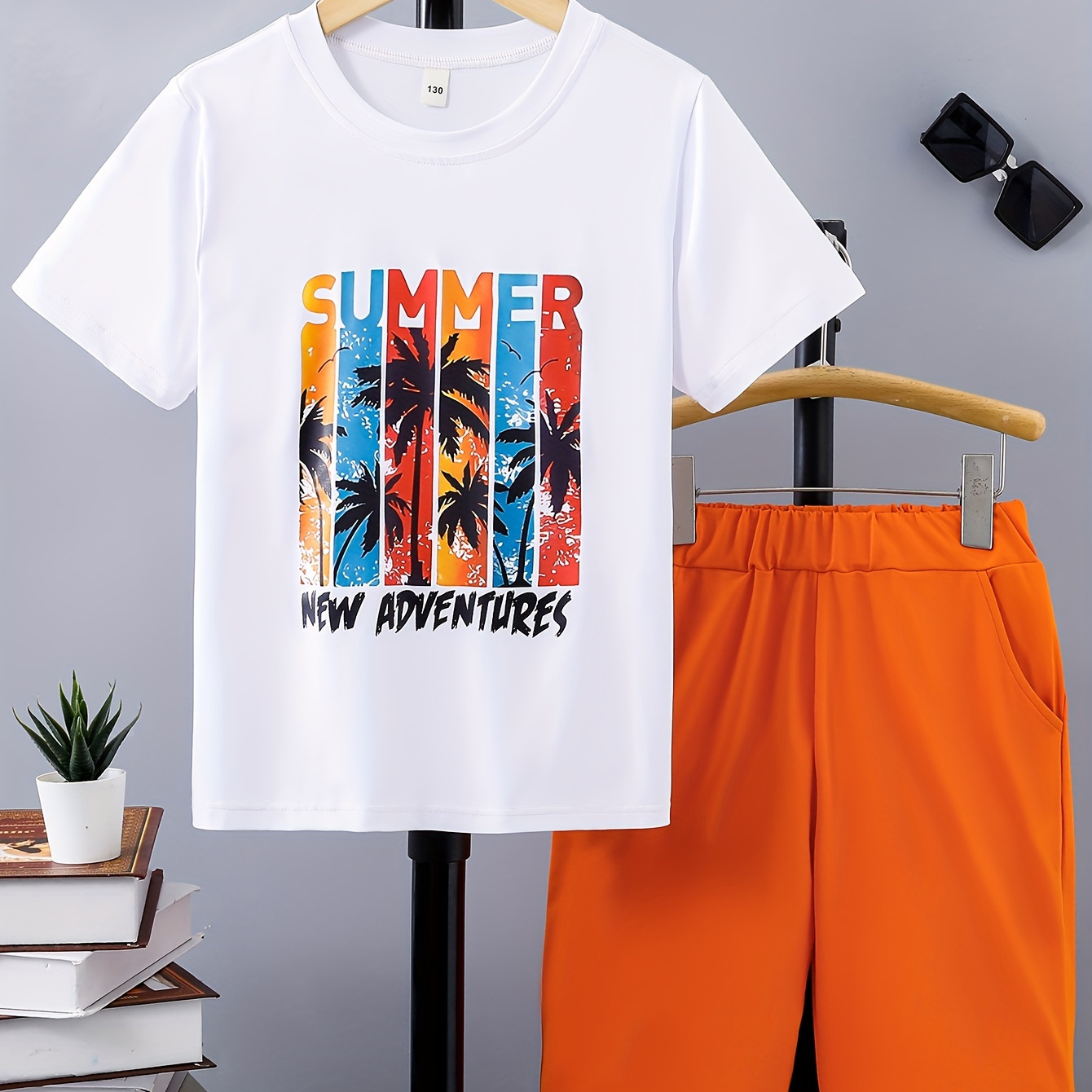 

2pcs Boys Casual Summer Coconut Tree Graphic Print Short Sleeve T-shirt & Shorts Set, Comfy Summer Boys Clothes