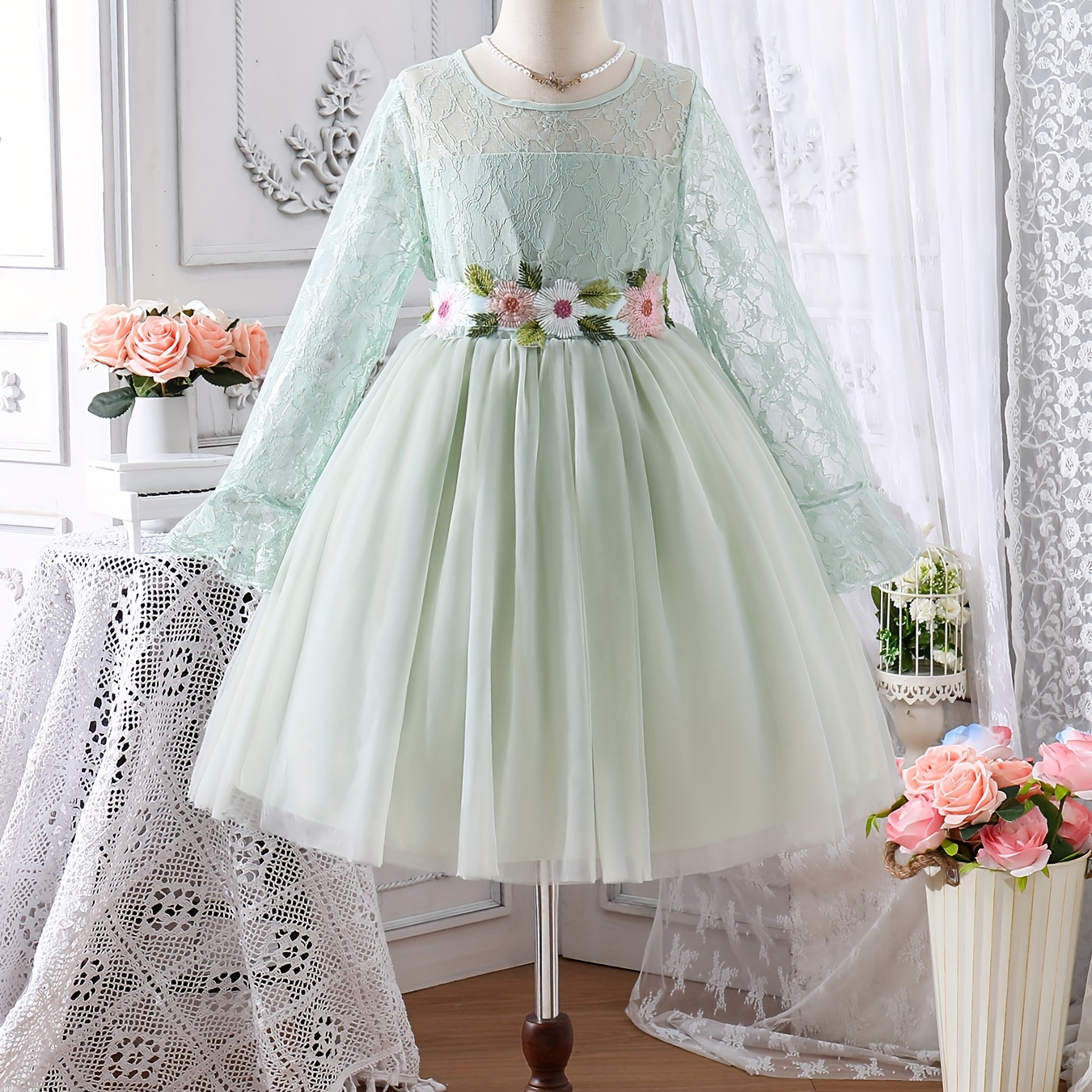 

Elegant Girls Solid Long Sleeve Tutu Dress With Flower Belt Spring Fall Party Gift
