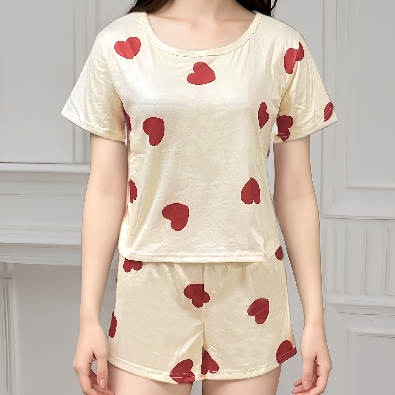 

Casual Heart Print Pajama Set, Short Sleeve Round Neck Top & Elastic Shorts, Women's Sleepwear & Loungewear