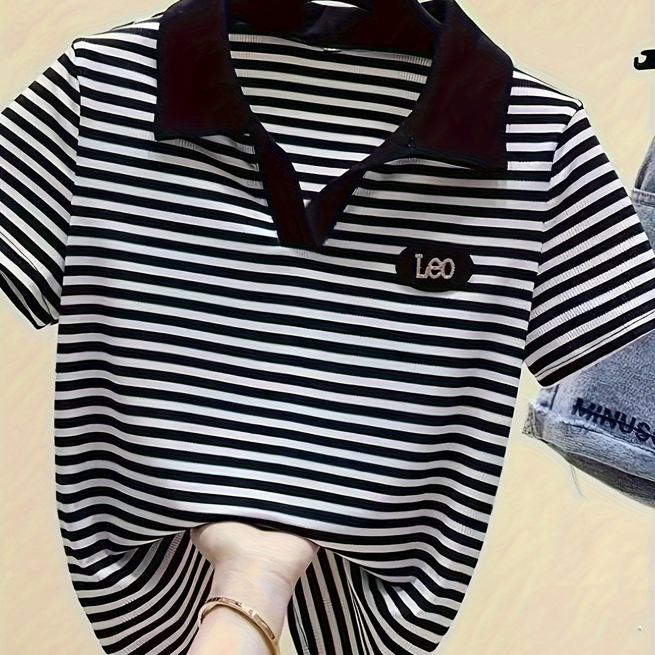 

Striped Collared T-shirt, Casual Short Sleeve Top For Spring & Summer, Women's Clothing