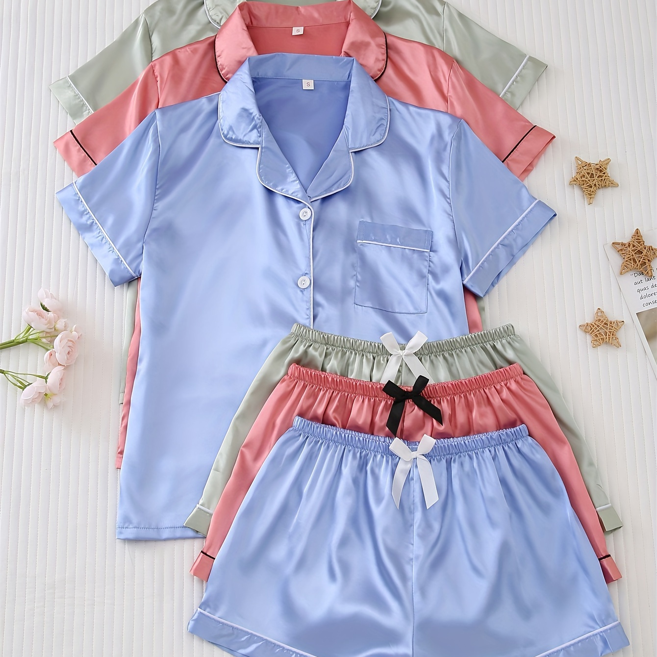 

3 Sets Casual Solid Pajama Set, Cozy Short Sleeve Button Up Lapel Collar Top & Shorts, Women's Sleepwear & Loungewear