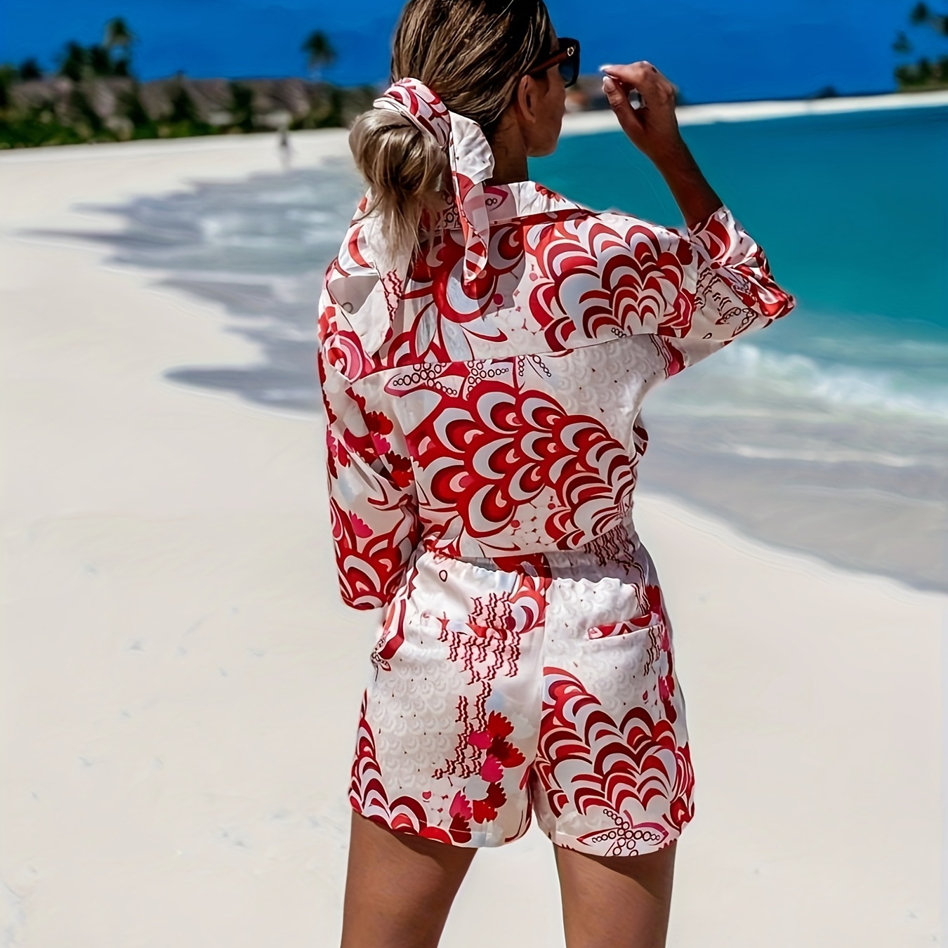 

Vacation Style Graphic Print Shorts Set, Button Front 3/4 Sleeve Blouse & Elastic Waist Shorts For Summer, Women's Clothing