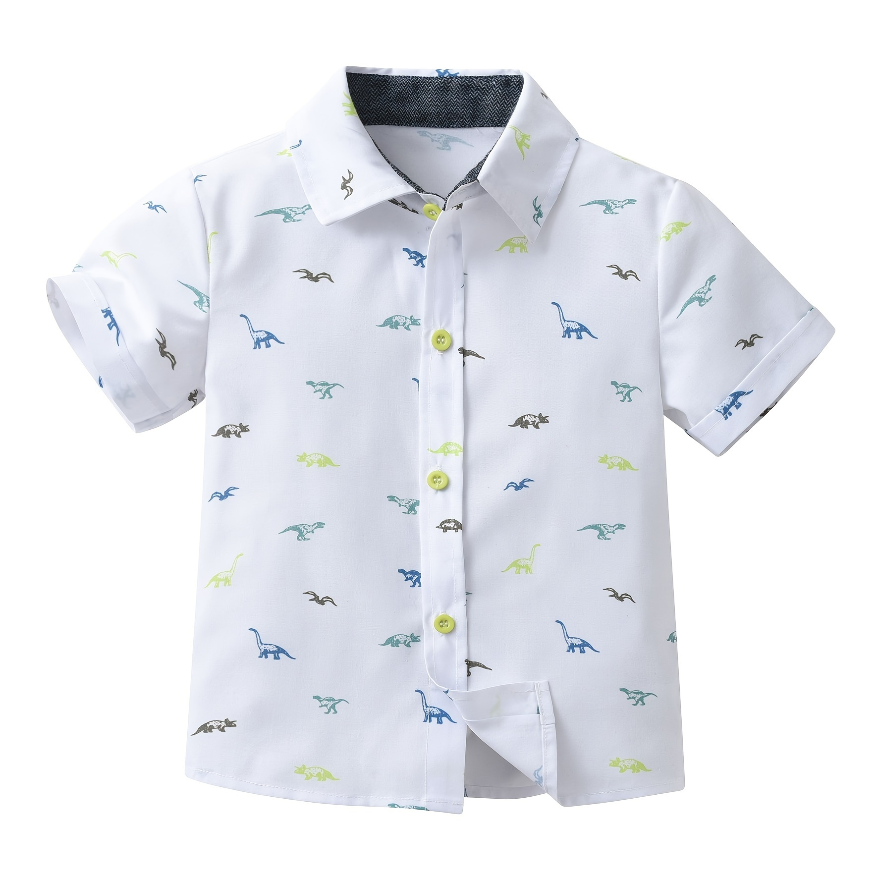 

Stylish Dinosaurs Full Print Boys Creative Shirt, Casual Lightweight Comfy Short Sleeve Lapel Tops, Kids Clothings For Summer