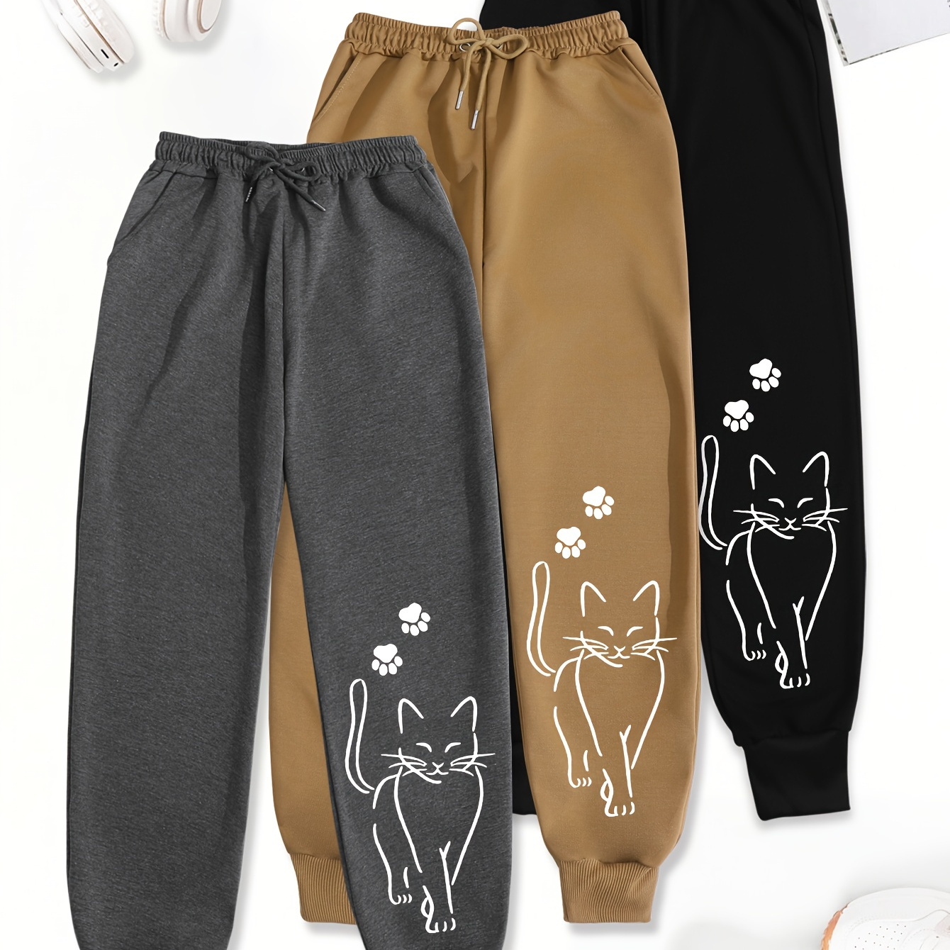 

3-pack Women's Casual Polyester Sweatpants, Waist Animal Print Sports Pants With Pockets, Loose Pants