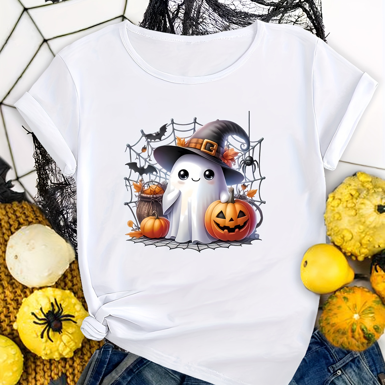 

With Hat And Pumpkin Design, Casual Polyester T-shirt For Adults, Medium Stretch Knit Fabric, Round Neck, All-season Comfort - Themed Top