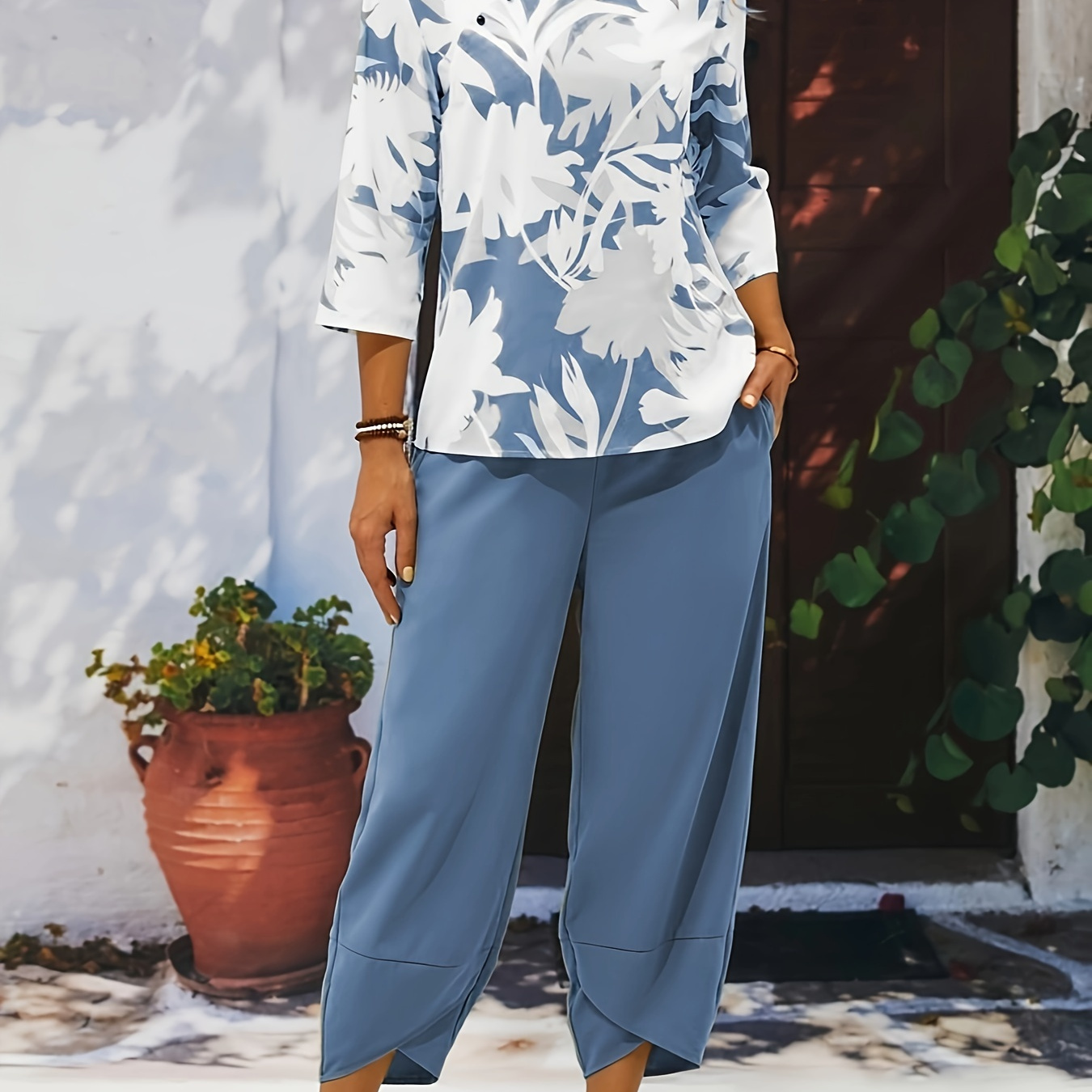 

Plant Print Casual Pantsuits, Three-quarter Sleeve Crew Neck Top & Solid Pocket Pants Outfits, Women's Clothing