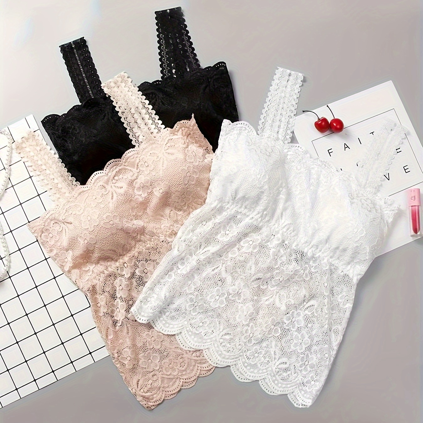 

3pcs Hot Solid Lace Tank Top, Comfy & Breathable Scallop Trim Vest Top, Women's Lingerie & Underwear