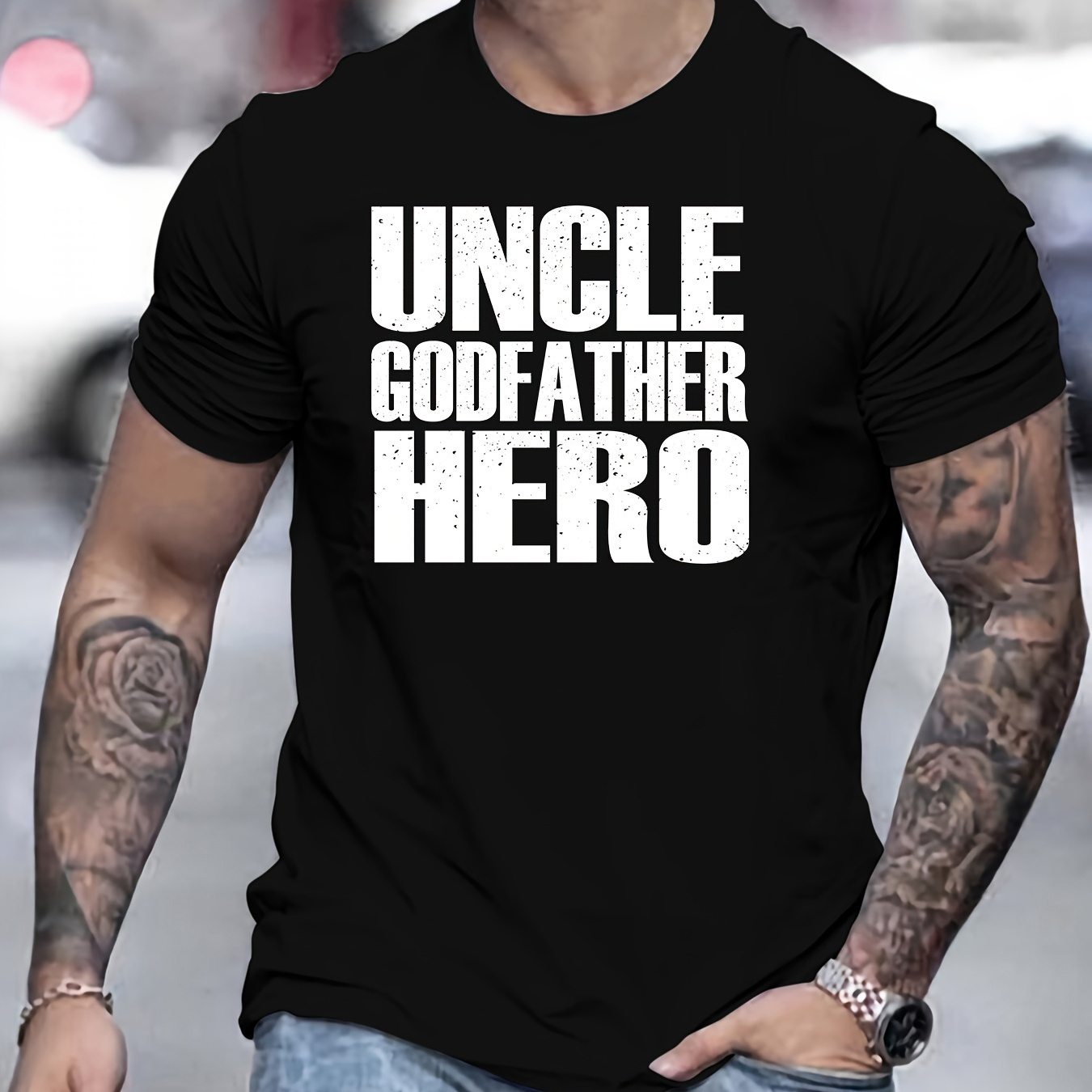 

Men's Uncle Godfather Hero Letter Print Short Sleeve T-shirts, Comfy Casual Elastic Crew Neck Tops For Men's Outdoor Activities