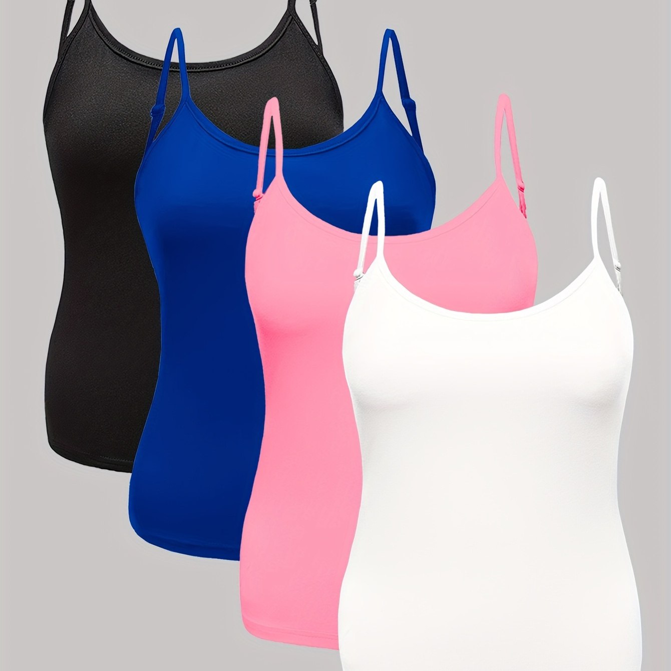 

4pcs Plus Size Elegant Camisoles For Women, Polyester & Elastane , Knit Fabric, Stretch, Solid Color, Spaghetti Strap, Sleeveless, For Summer Tanks