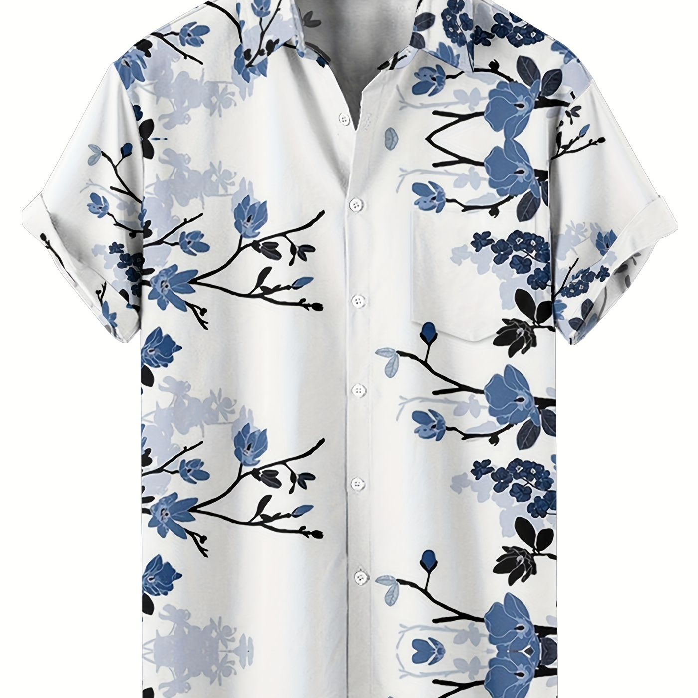 

Small Flower Pattern White Men's Casual Lapel Pocket Short Sleeved Button Up Shirt