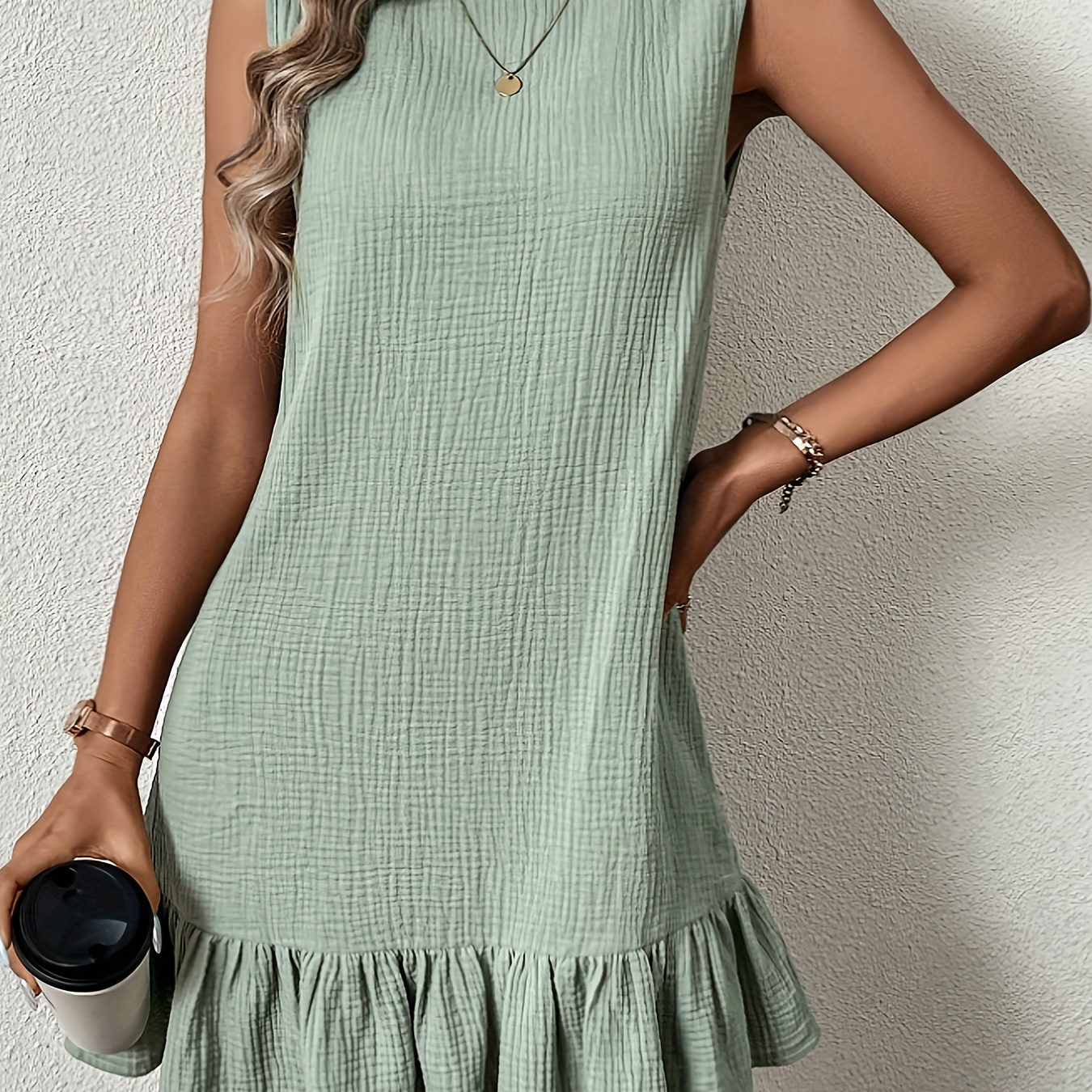 

Solid Ruffle Trim Textured Tank Dress, Elegant Sleeveless Simple Dress For Spring & Summer, Women's Clothing Wedding Graduation Engagement Occasion Ceremony Party Holiday Vacation Birthday