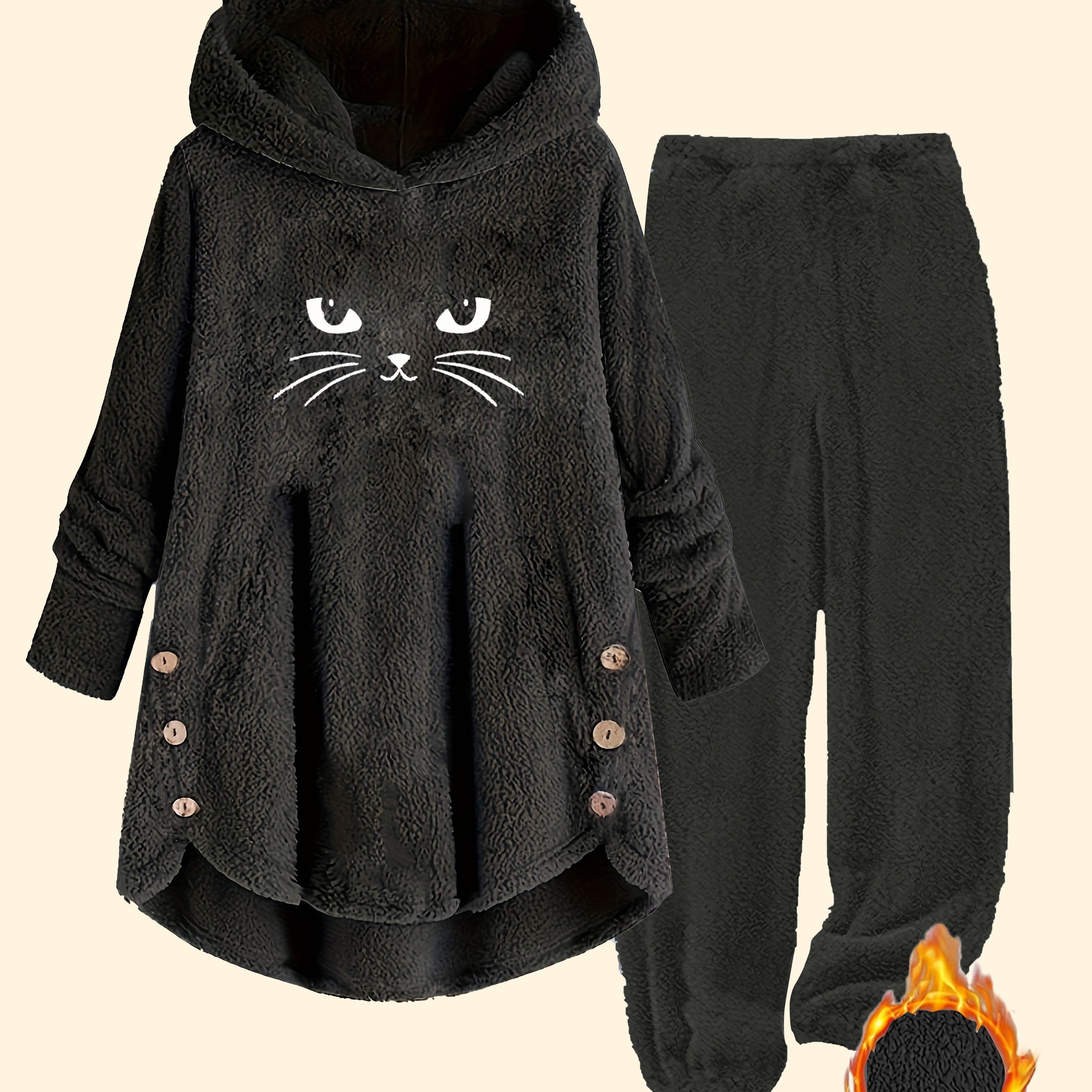 

Women' Cat Ear Hoodie And Pants Set, Cozy Polyester Knit, Casual Cartoon Print, , Long Sleeve Pullover With Drawstring Pants