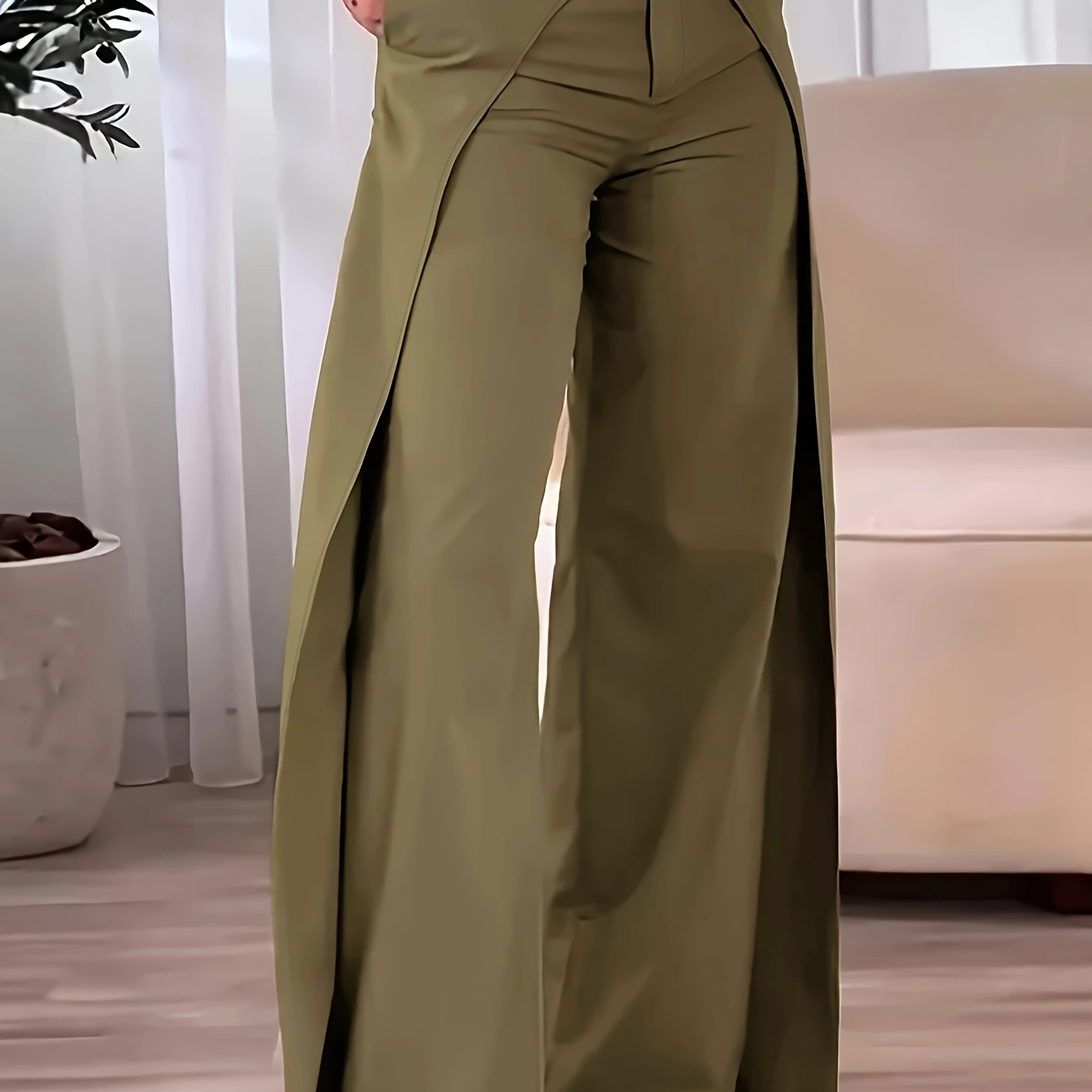 

Women's Elegant Olive Green Wide-leg Pants - Casual With Asymmetrical Stacking Detail, Polyester, Machine Washable, Comfortable Clothing|asymmetrical Pants| Fabric, Ladies Pants