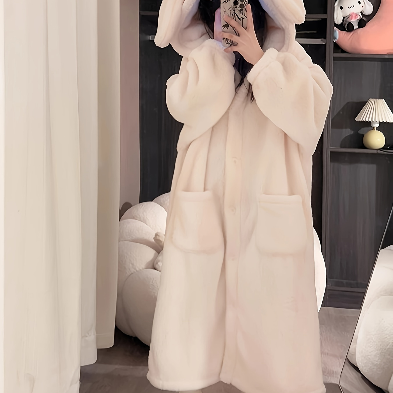 

1pc Ear Hooded 's - Thickened Fleece , Button-up Gown For Adults, Knitted , Suitable For /