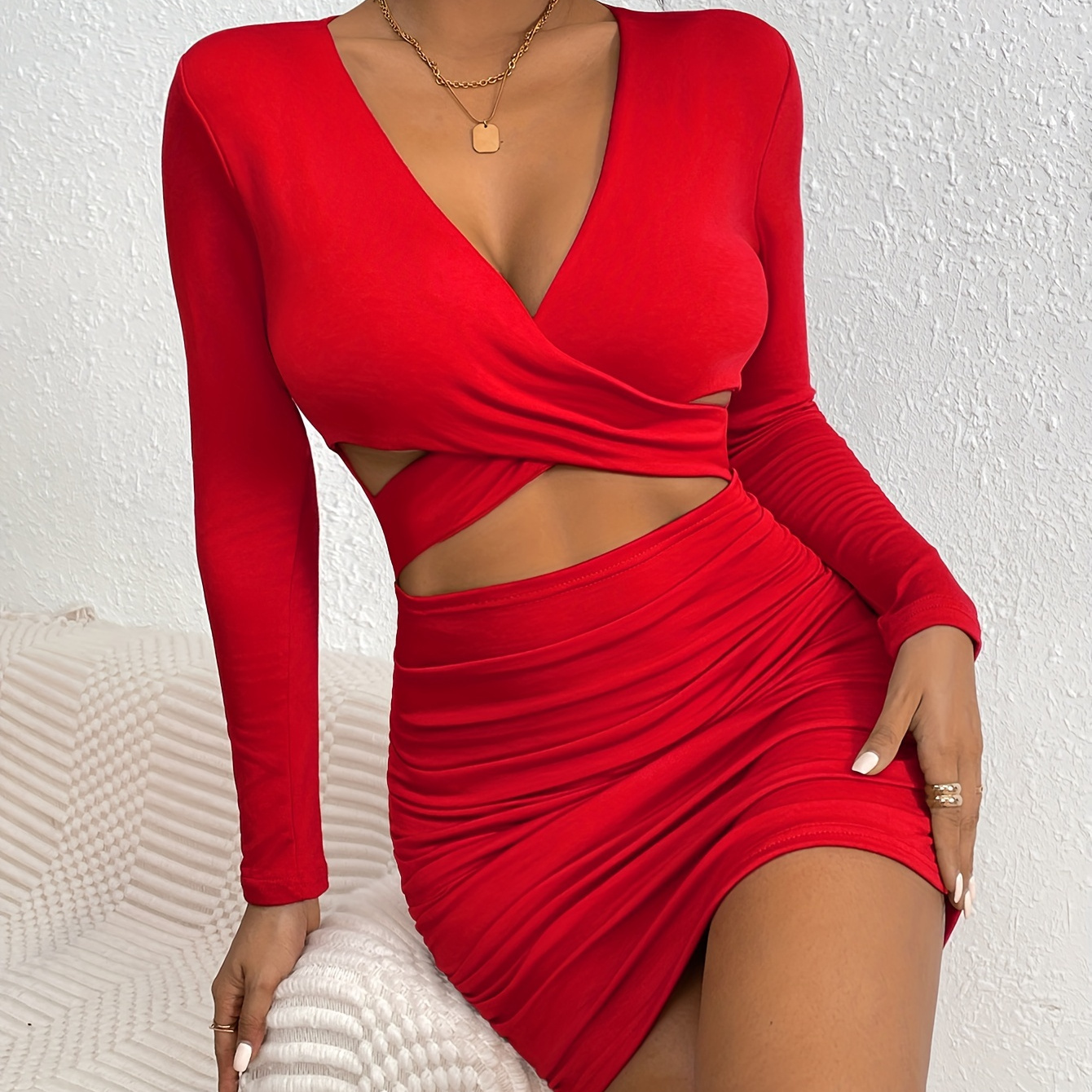 

Cut Out Ruched Bodycon , Long , Women's Clothing