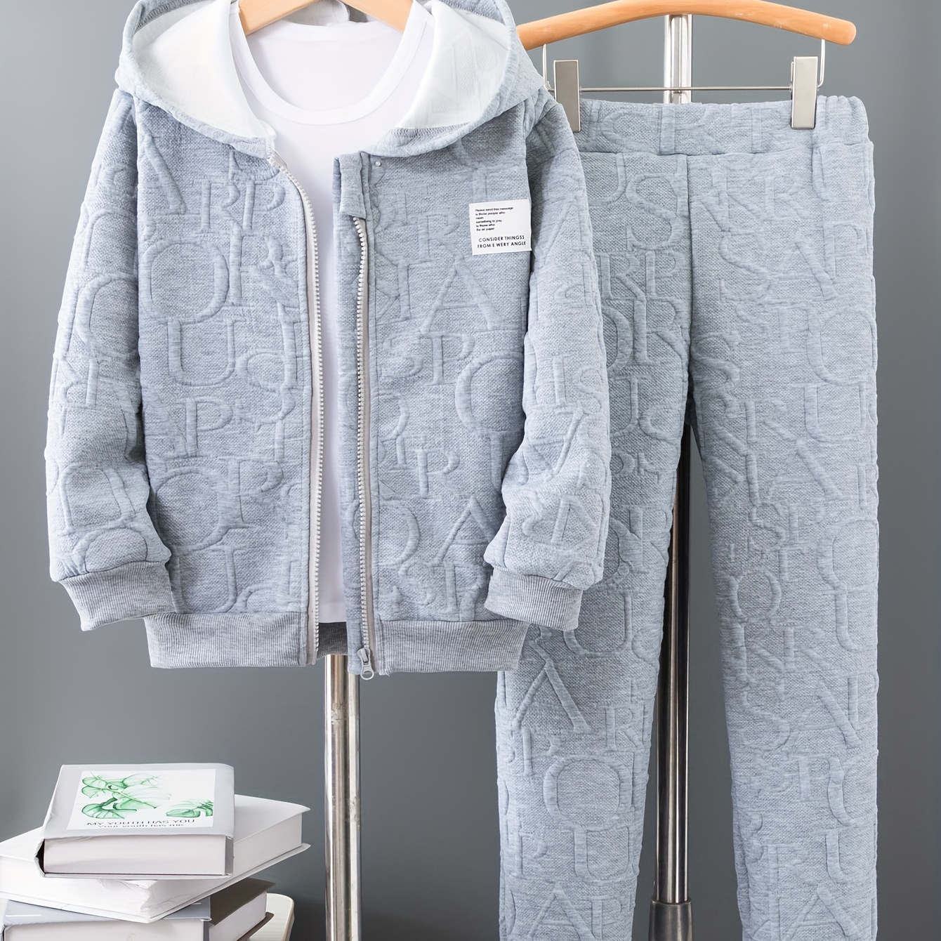 

2pcs Boy's Letter Jacquard Hooded Jacket Outfit, Zipper Hoodie & Sweatpants Set, Trendy Hooded Long Sleeve Top, Kid's Clothes For Spring Fall Winter, As Gift