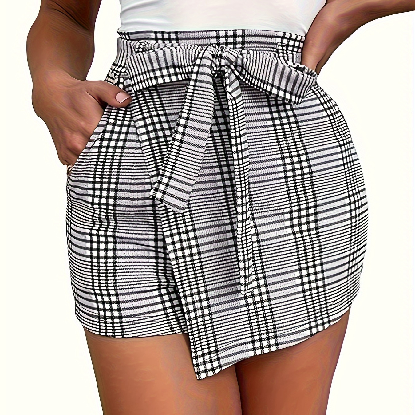 

Asymmetrical Hem Tie Waist Shorts, Elegant Plaid Pattern Pockets Shorts For Spring & Summer, Women's Clothing