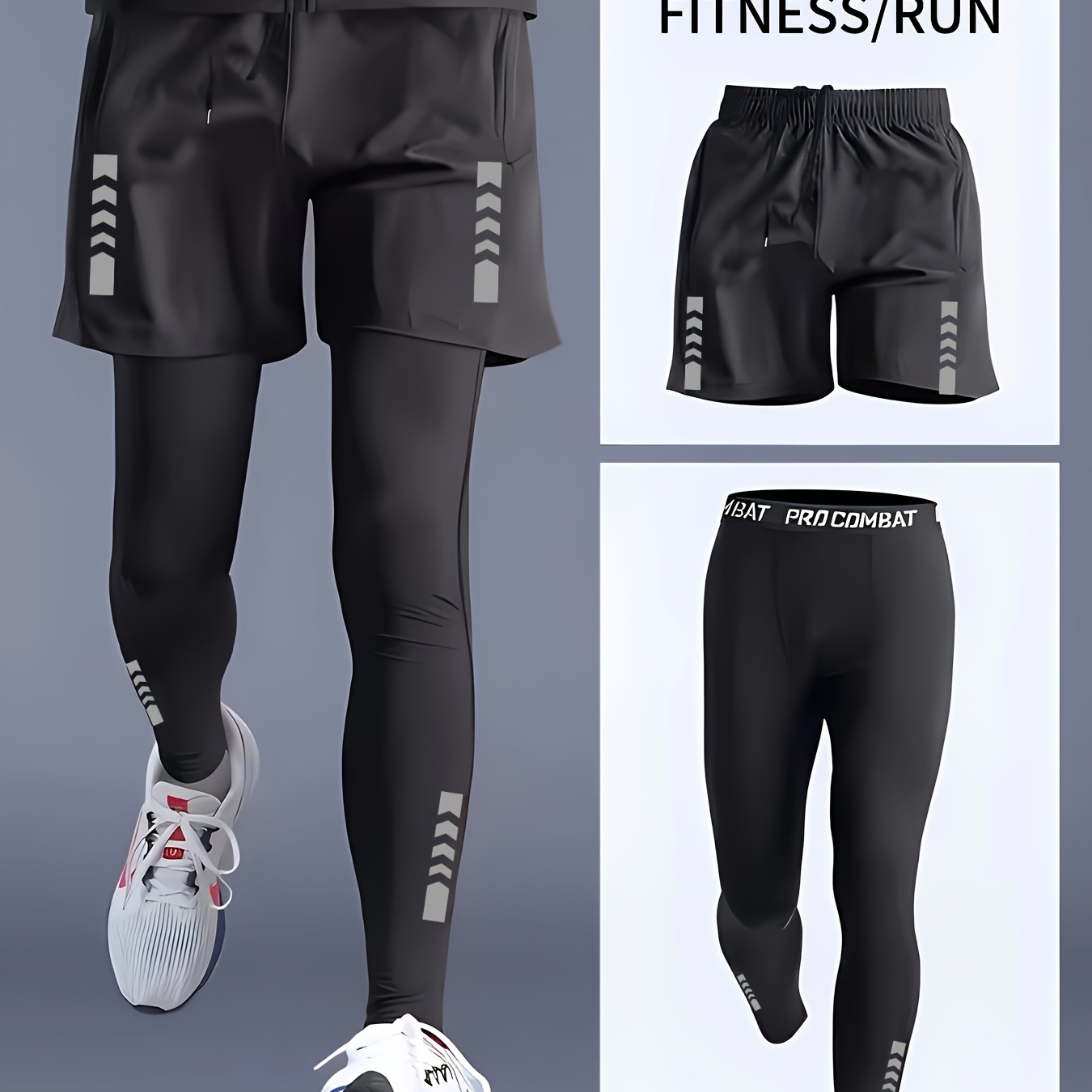 

2-piece Men's Summer Gym Fitness Outfit Set, Men's Breathable Drawstring Shorts With Pockets & Tight Stretch Compression Leggings Set