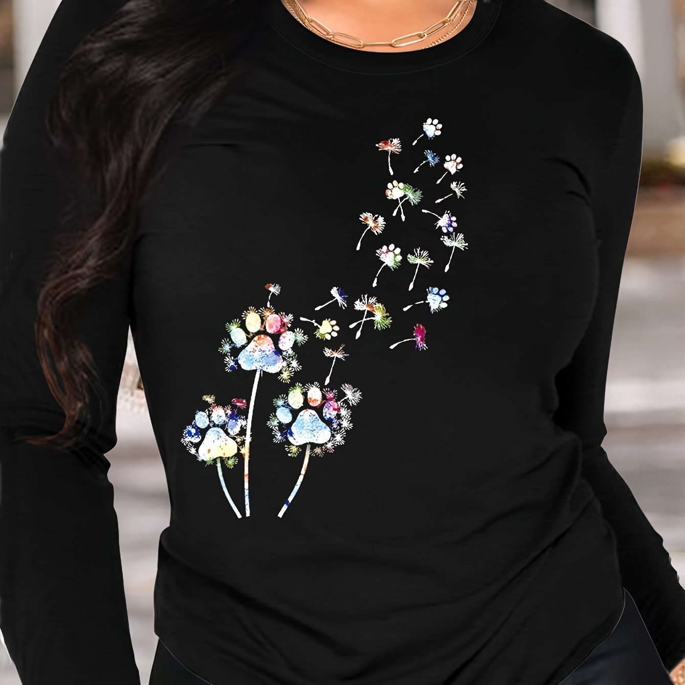 

Dandelion Paw Print T-shirt, Long Sleeve Crew Neck Casual Top For Spring & Fall, Women's Clothing