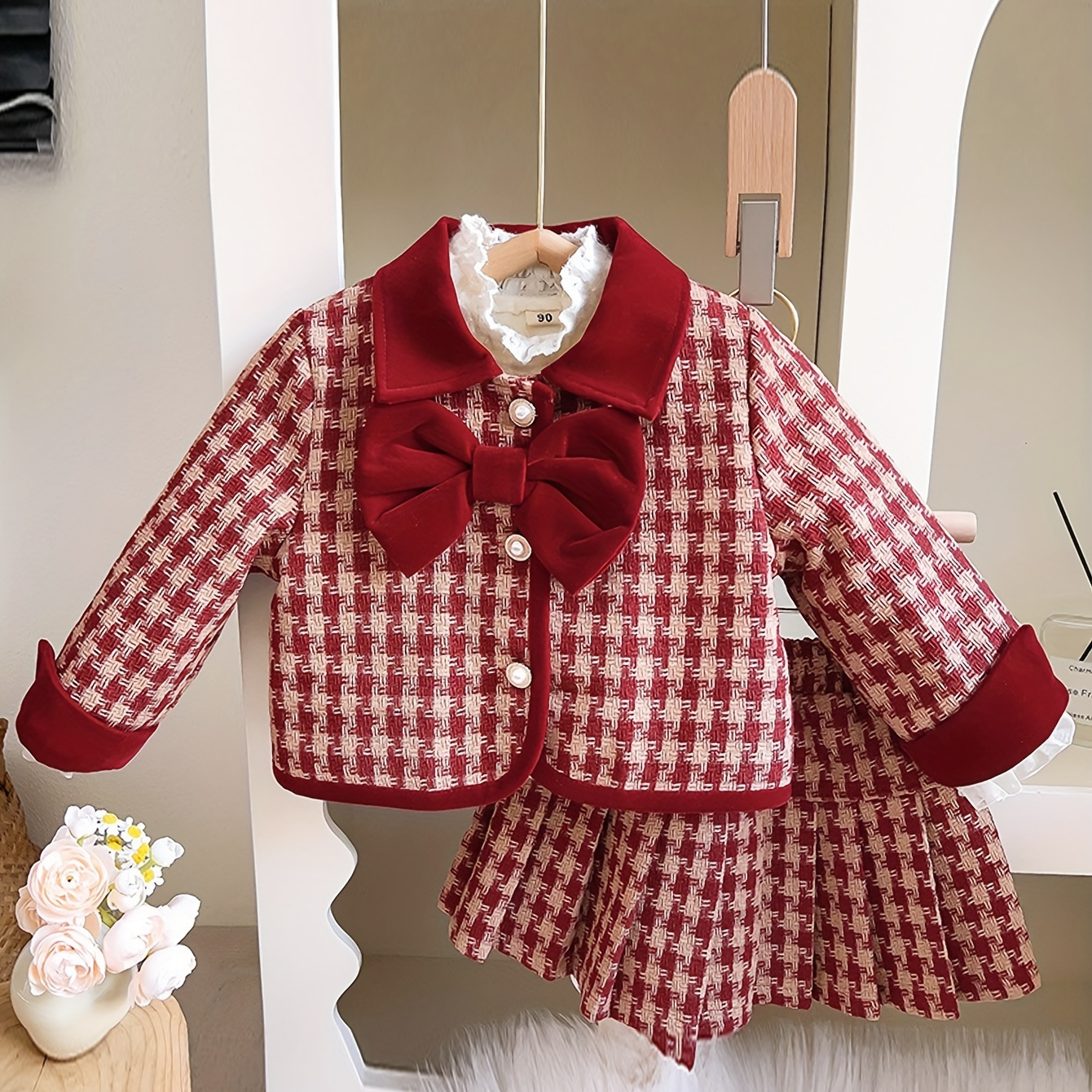 

2pcs, Girl's Elegant Bow Decor Long-sleeve Lapel Coat + Pleated Skirt - Comfy Fit And Sweet Design - Winter & Fall Clothes, Gift